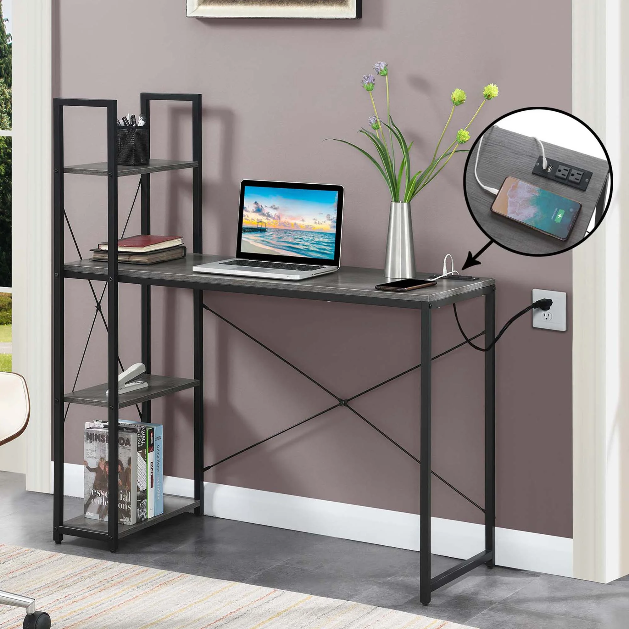 Convenience Concepts Designs2Go Office Workstation Desk with 2 Outlets & 2 USB Ports