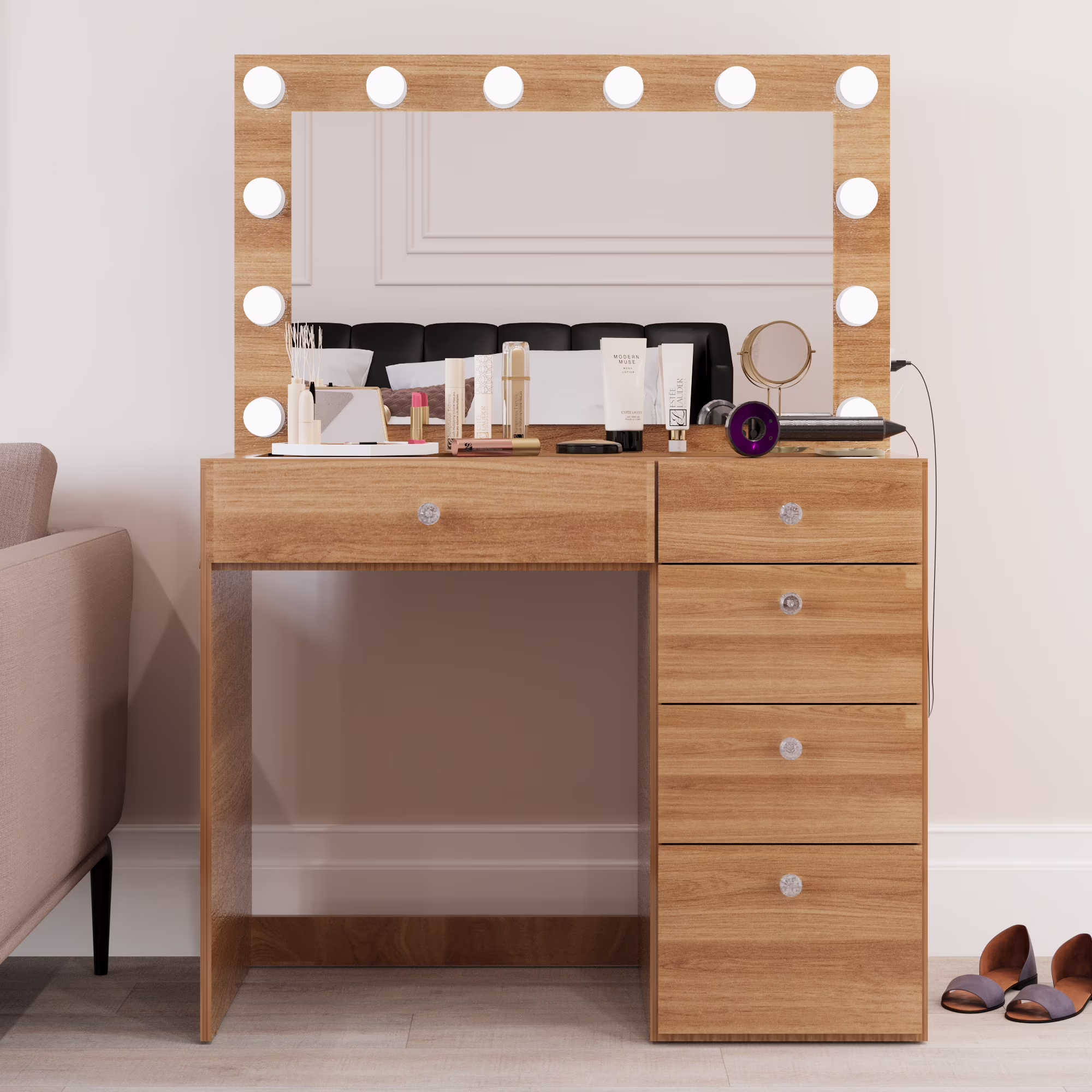 Boahaus Alana White Vanity Desk with LED Lighted Mirror, 5 Drawers, Jewelry Divider, Bluetooth Speakers, and Charging Station