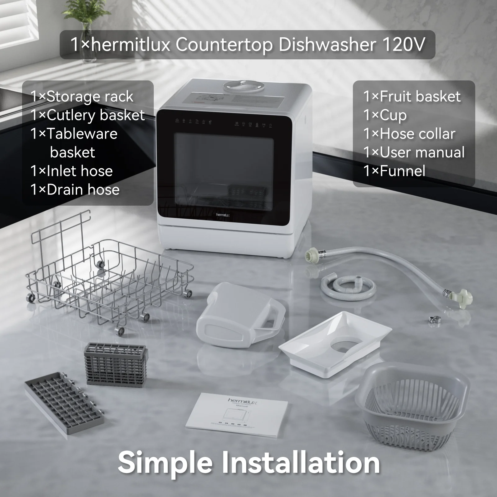 Hermitlux Portable Countertop Dishwasher, 5 Washing Programs, 5L Built-in Water Tank and Air-Dry Function, HMX-DW03