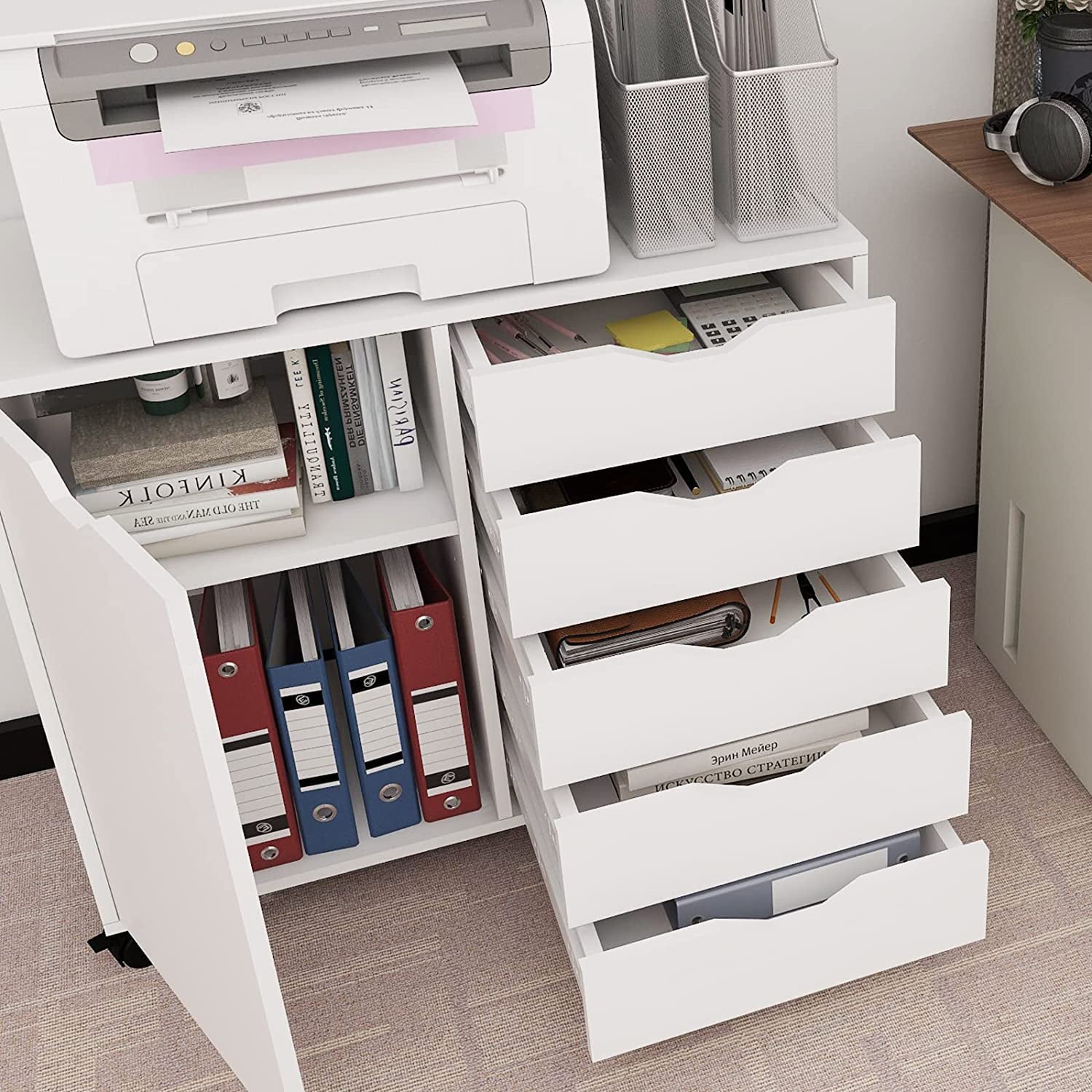 Natwind 5-Drawer Mobilable Wood Printer Stand with Charging Station，Cart File Storage Cabinets with Socket and Door Home Office Lateral Filing Cabinet(white)