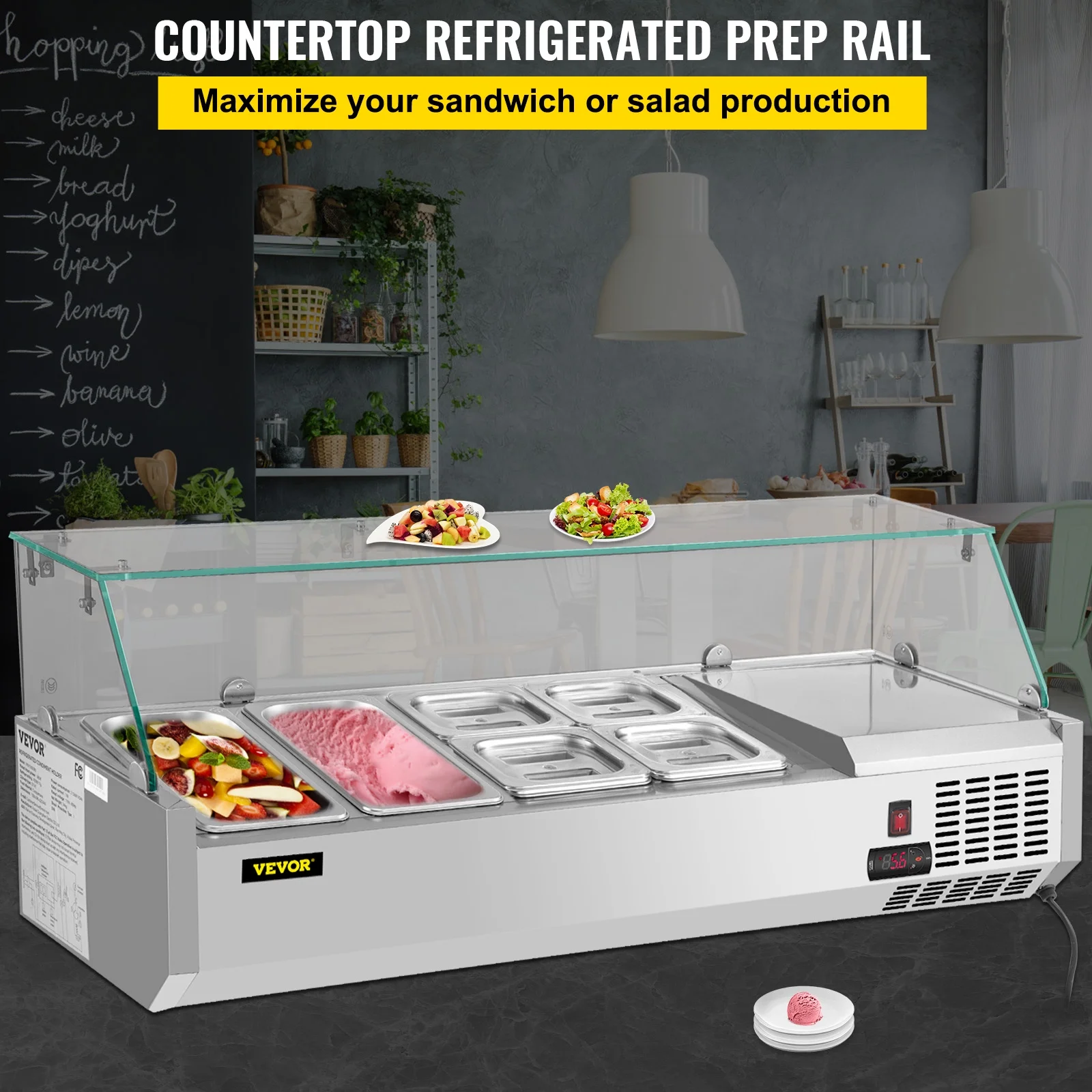 Refrigerated Condiment Prep Station, 48-inch, 10.8Qt Sandwich / Salad Prep Table w/ 3 1/3 Pans & 4 1/6 Pans, 146W Salad Bar w/ 304 Stainless Body Tempered Glass Shield Digital Panel Auto Defrost