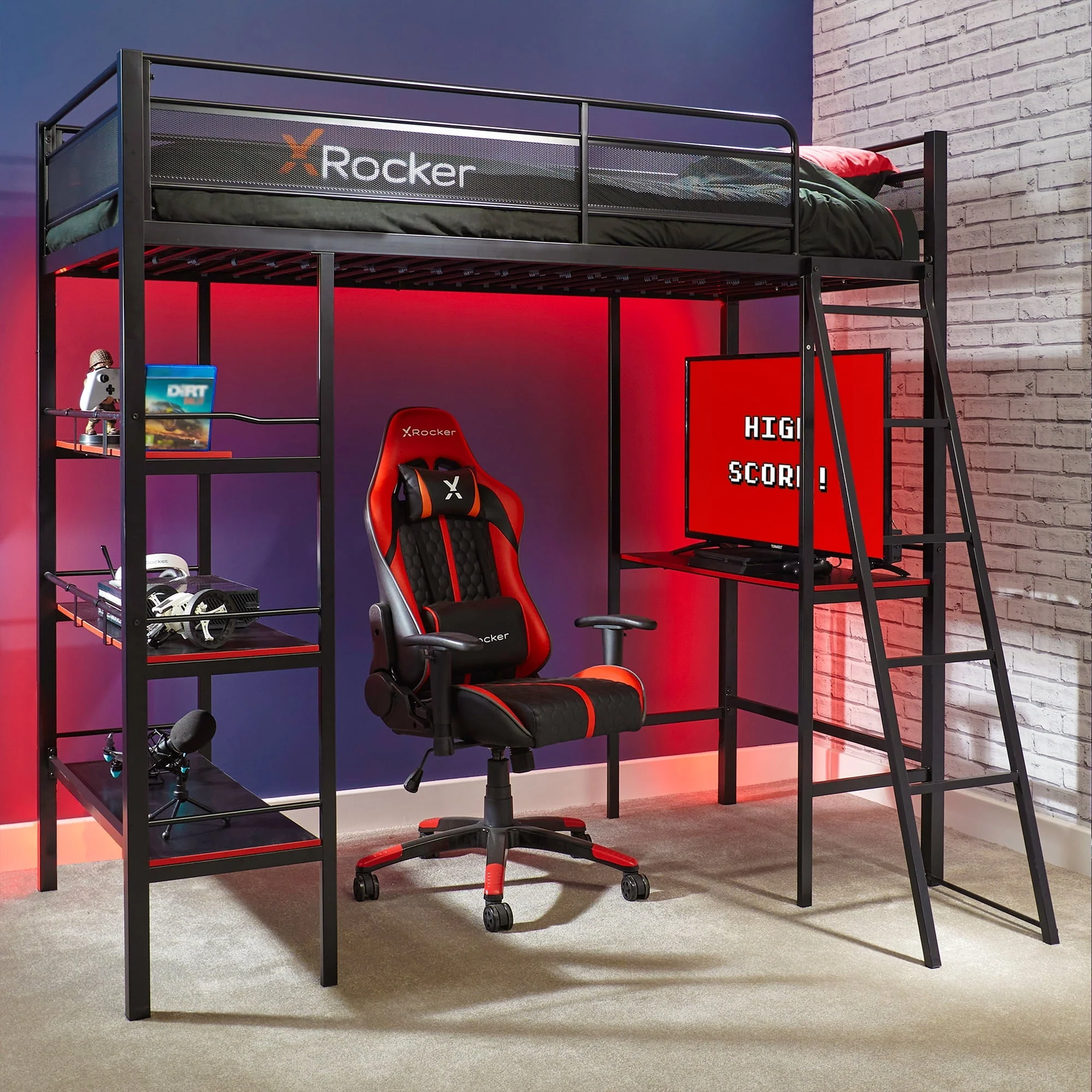 X Rocker Fortress Gaming Bunk with Desk and Shelves, Twin, Black/Red, Loft Bed, Children, Teen
