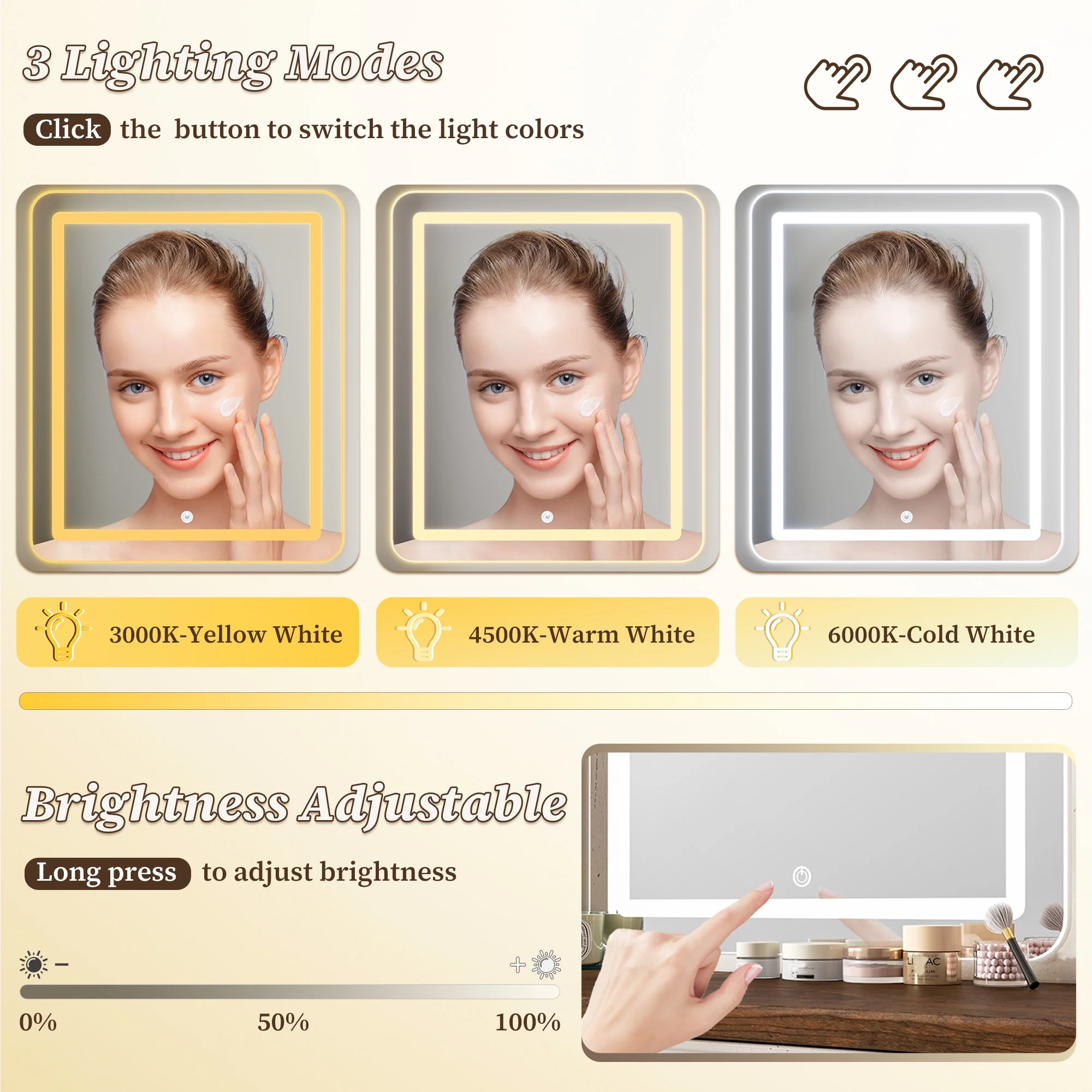EnHomee Farmhouse Vanity Desk with Mirror and Lights White Vanity with Lighted Mirror Makeup Vanity Set with RGB Cabinets and Storage Drawers
