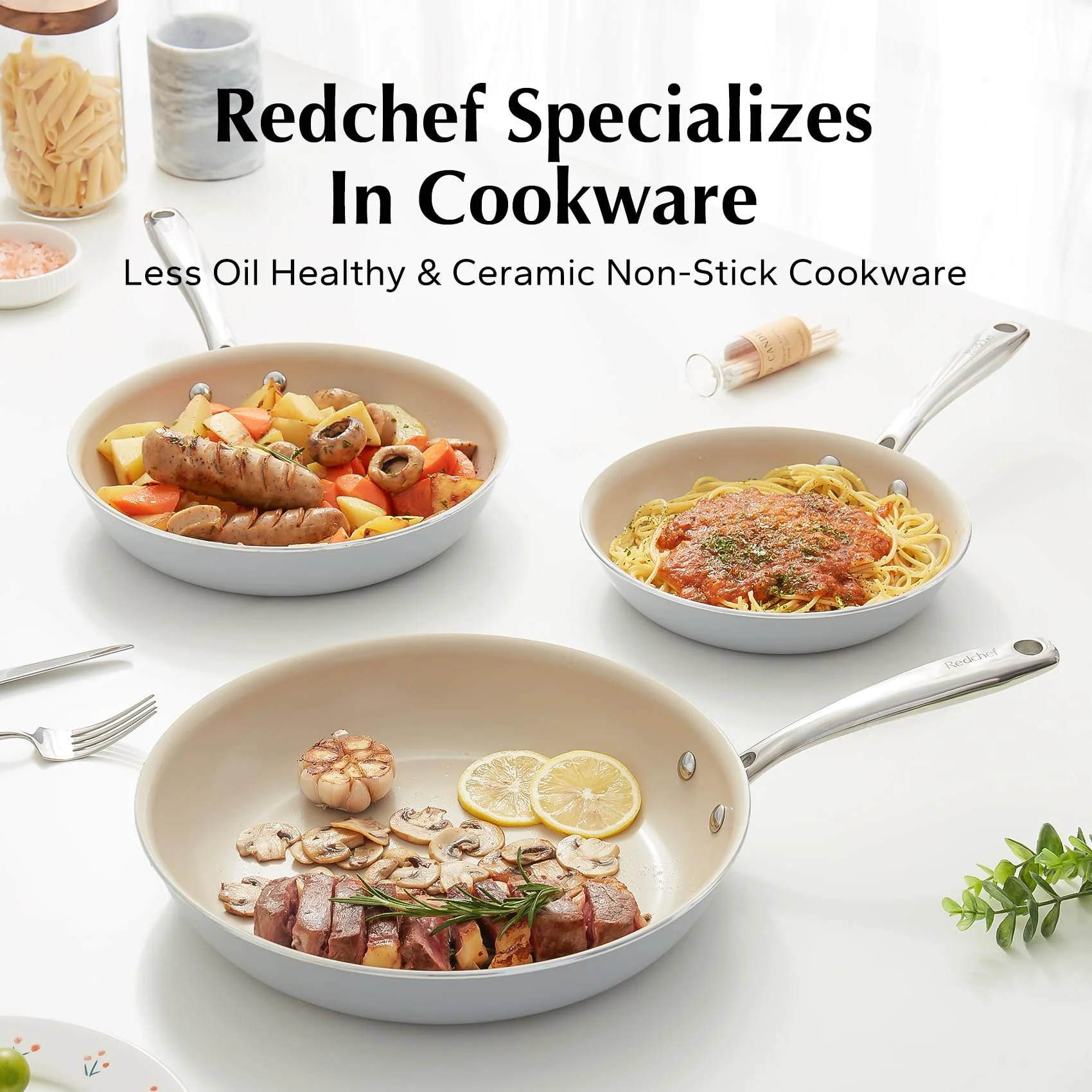 Redchef Non Stick Ceramic Frying Pan Set Ceramic Pans for Cooking Stainless Steel Handle
