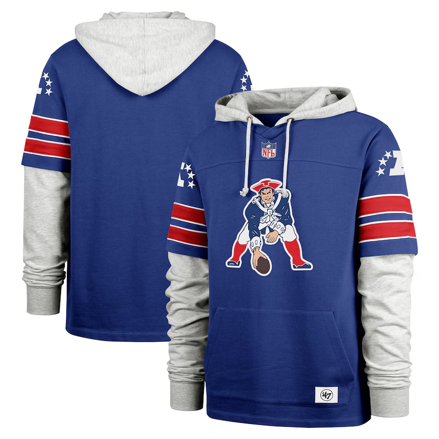 Men's '47 Royal New England Patriots Double Header Blitz Cornerback Pullover Hoodie
