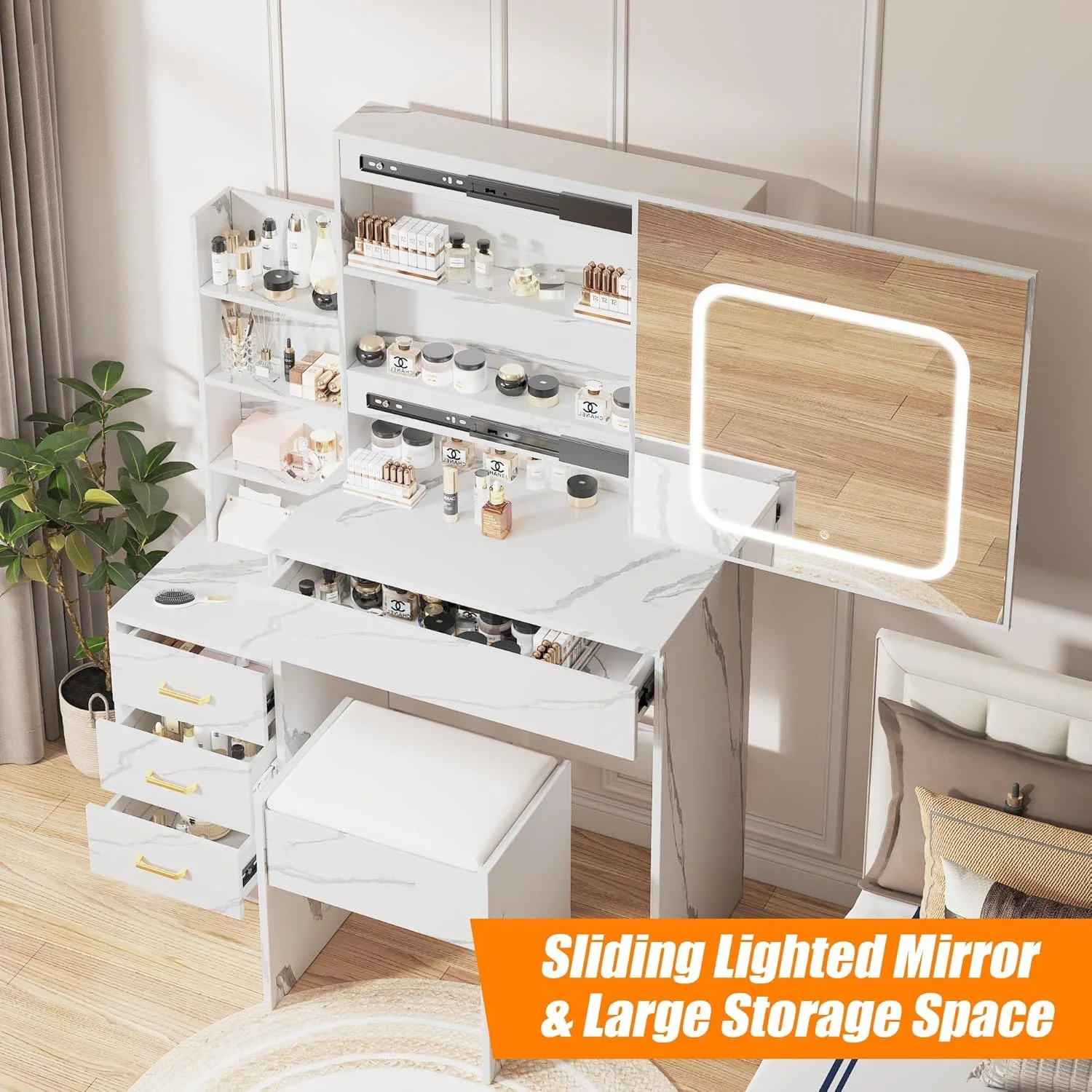 Vanity Desk with Sliding Mirror and Lights, Makeup Vanity Set with Power Outlet, 4 Drawers, Stool, Open Shelves, 3 Color Lighting Modes, Brightness Adjustable, Makeup Dressing Table for Bedroom