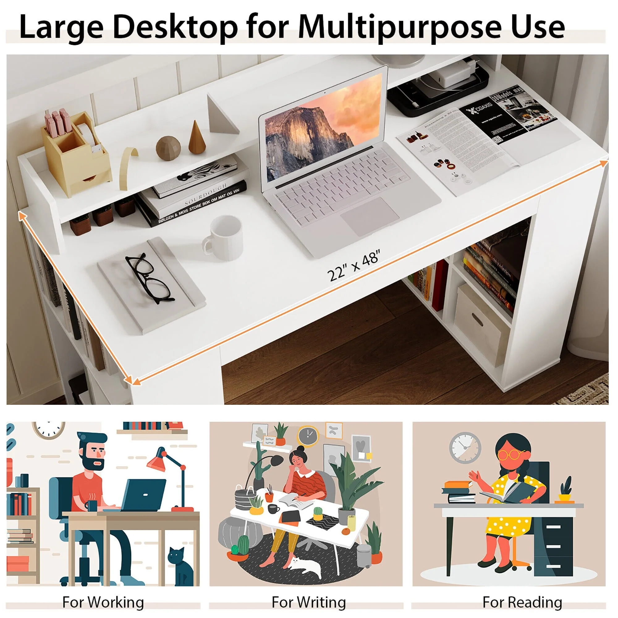 Gymax 48'' Computer Desk Study Writing Workstation w/ Bookshelf & Monitor Stand Riser