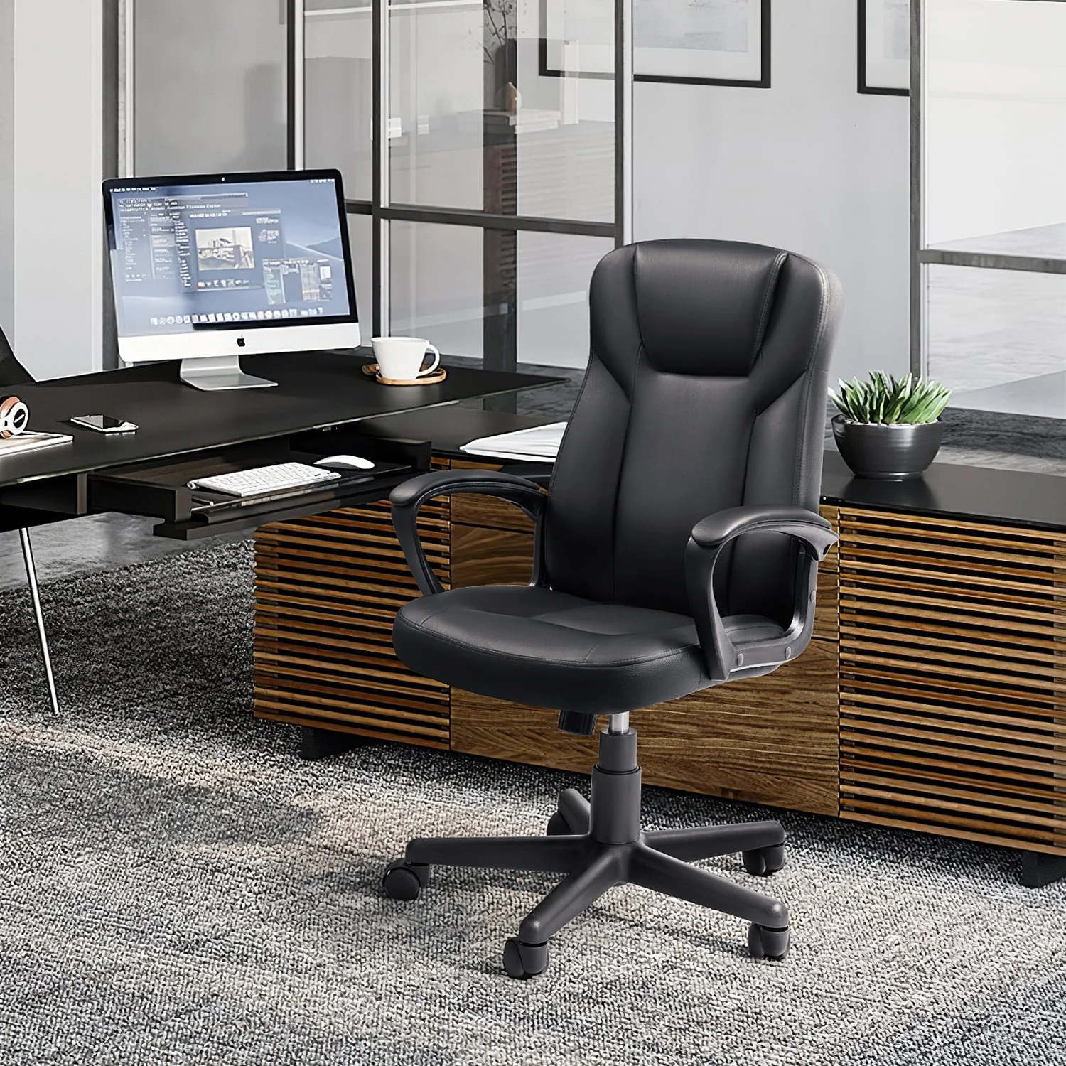 Homall Leather High Back Office Chair Ergonomic Executive Office Chair Swivel Computer Desk Chair Lumbar Support Soft Cushioned Padded Arms (Black)