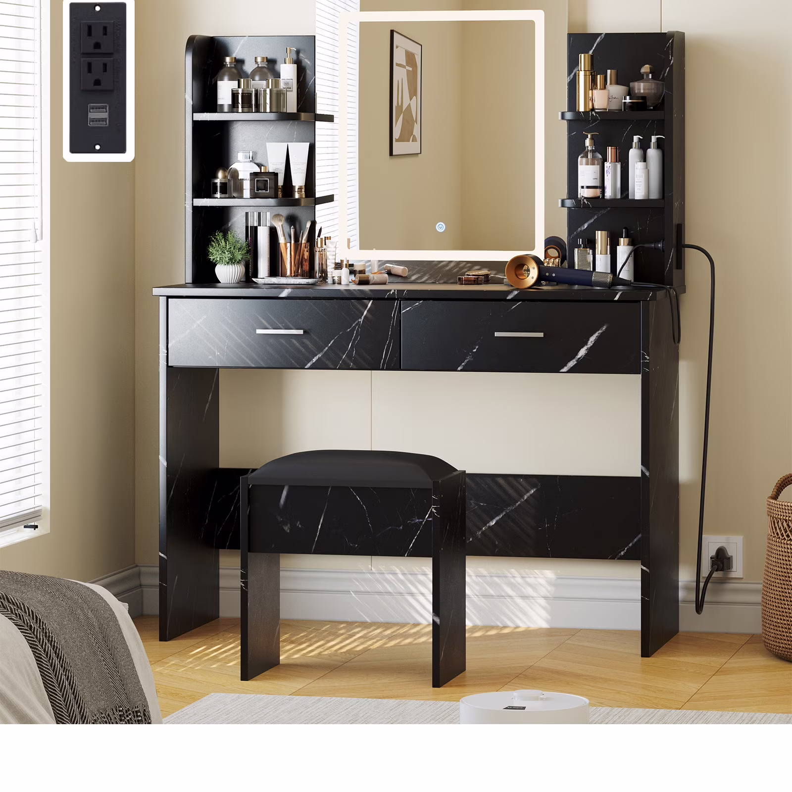 OYang Makeup Vanity Desk with Lighted Mirror and Stool, Vanity Table and Chair Set with 2 Storage Drawer 4 Shelves, Power Outlet, 3 Color Modes Adjustable LED Mirror & Stepless Dimmable for Bedroom