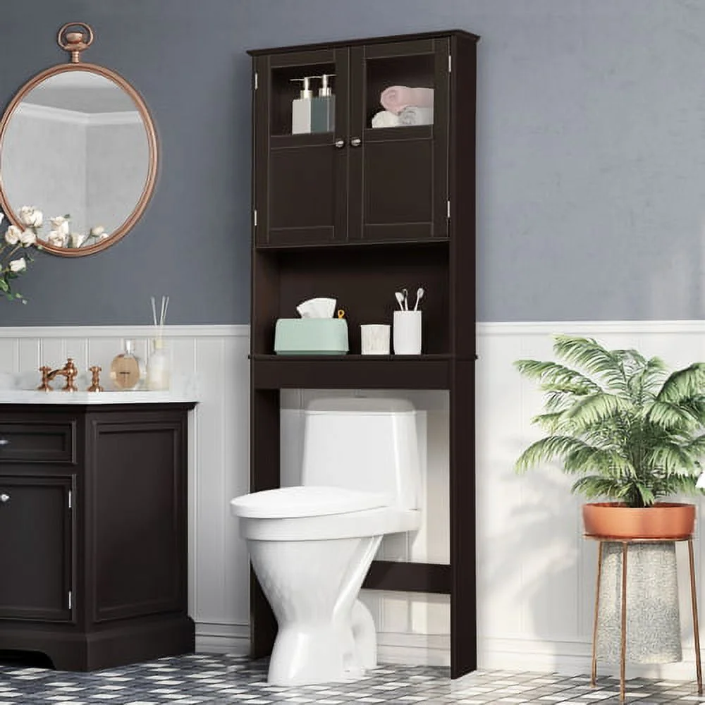 VINGLI Brown Over The Toilet Storage Cabinet, Adjustable Shelf, Double Acrylic Glass Doors