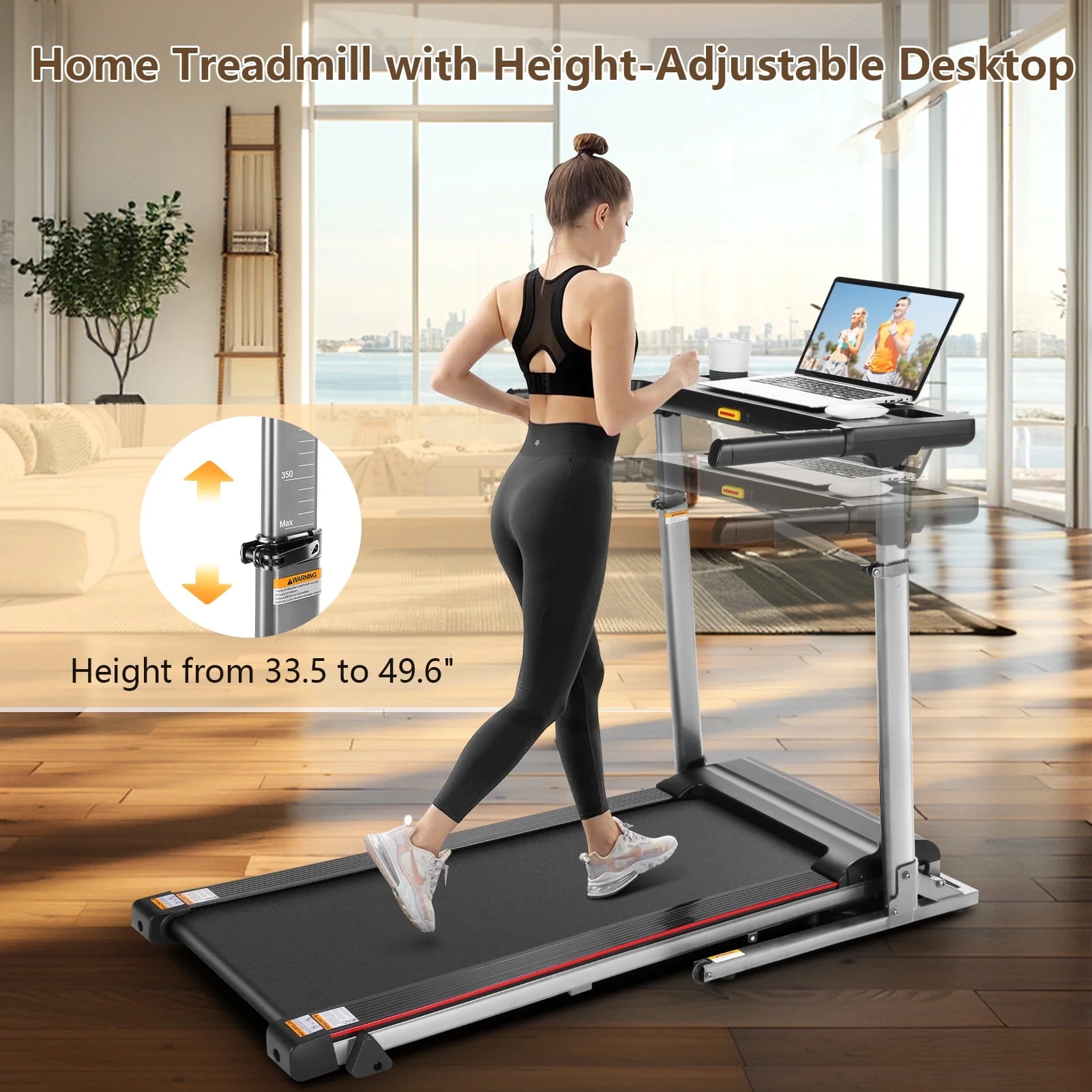 Simpfree Treadmill with Height-Adjustable Desk, 300LBS Folding Treadmill with Incline\App\Bluetooth Speakers\LED Monitor\64 Programs for Home, 0.6-7.5MPH/h