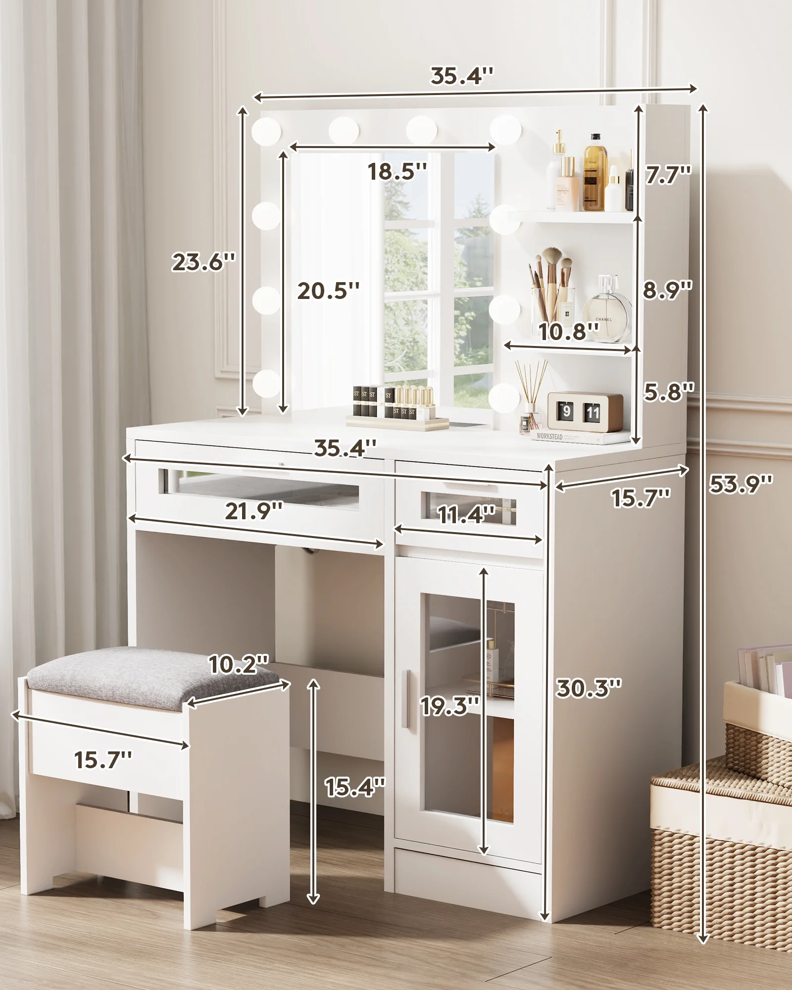 LIVELYGLOW Vanity Desk with Mirror and Lights, Makeup Vanity with Drawer & Storage Shelves, Cabinet, 3 Lighting Modes Adjustable Brightness,White
