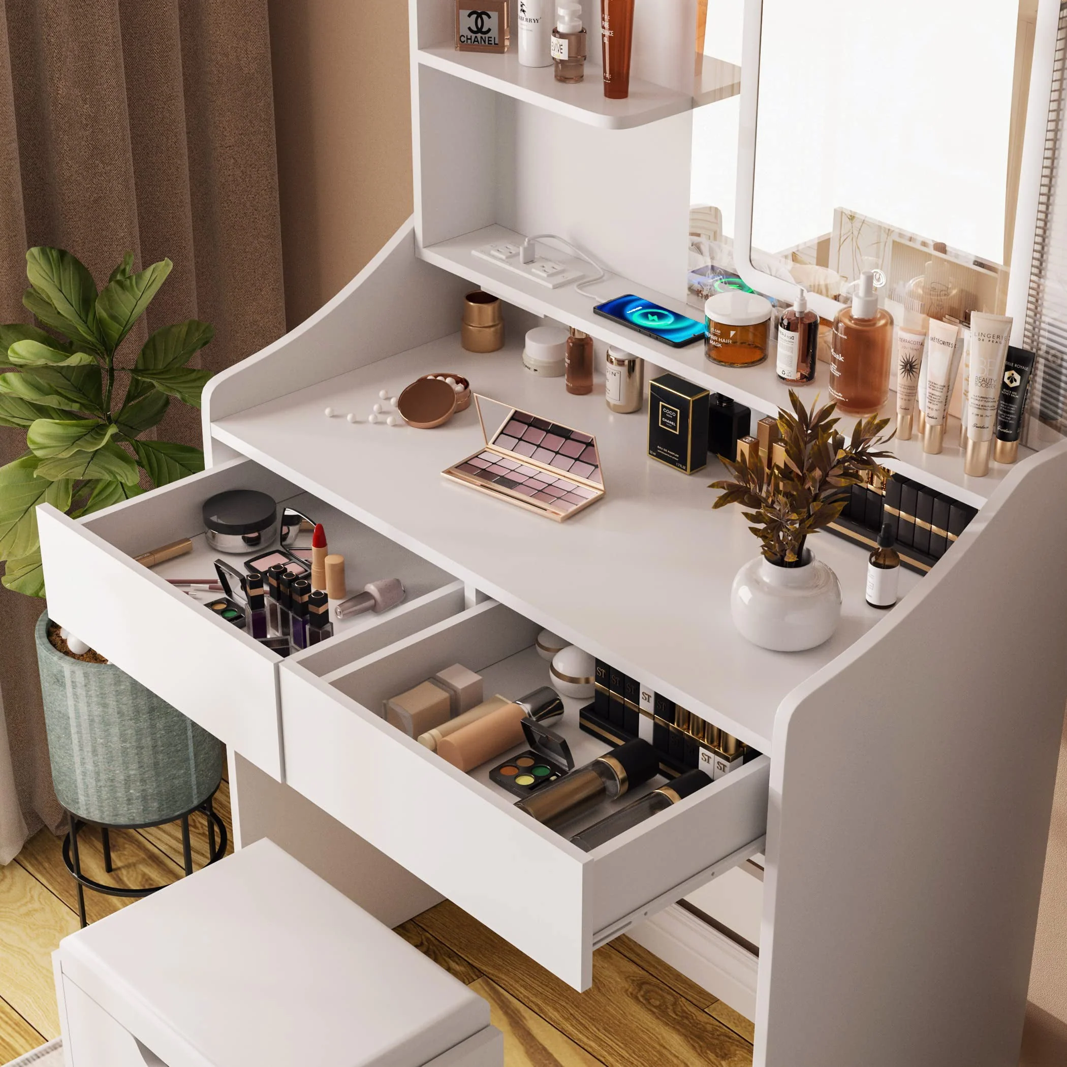 Veanerwood Makeup Vanity Desk with Lights and Power Strip, Vanity Dressing Table Set with Drawers and Shelves, Bedroom, 31.5in, White