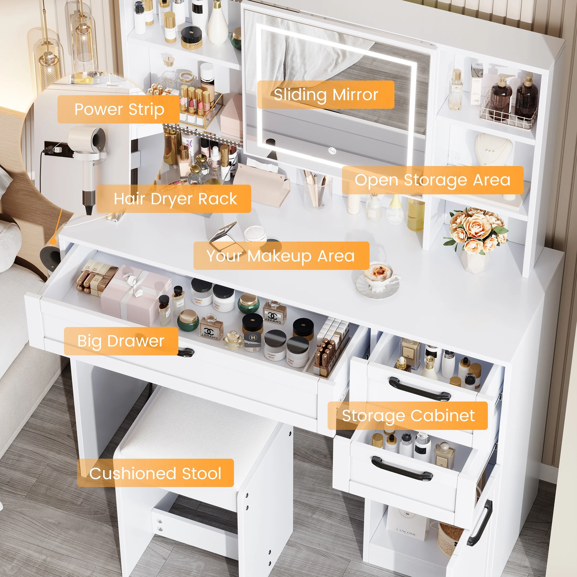 SESSLIFE 41''Vanity Set with Charging Station, Large Makeup Desk with LED Sliding Mirror, 3 Lighting Modes Adjustable Brightness, Makeup Dressing Table Set for Adults,Women, White