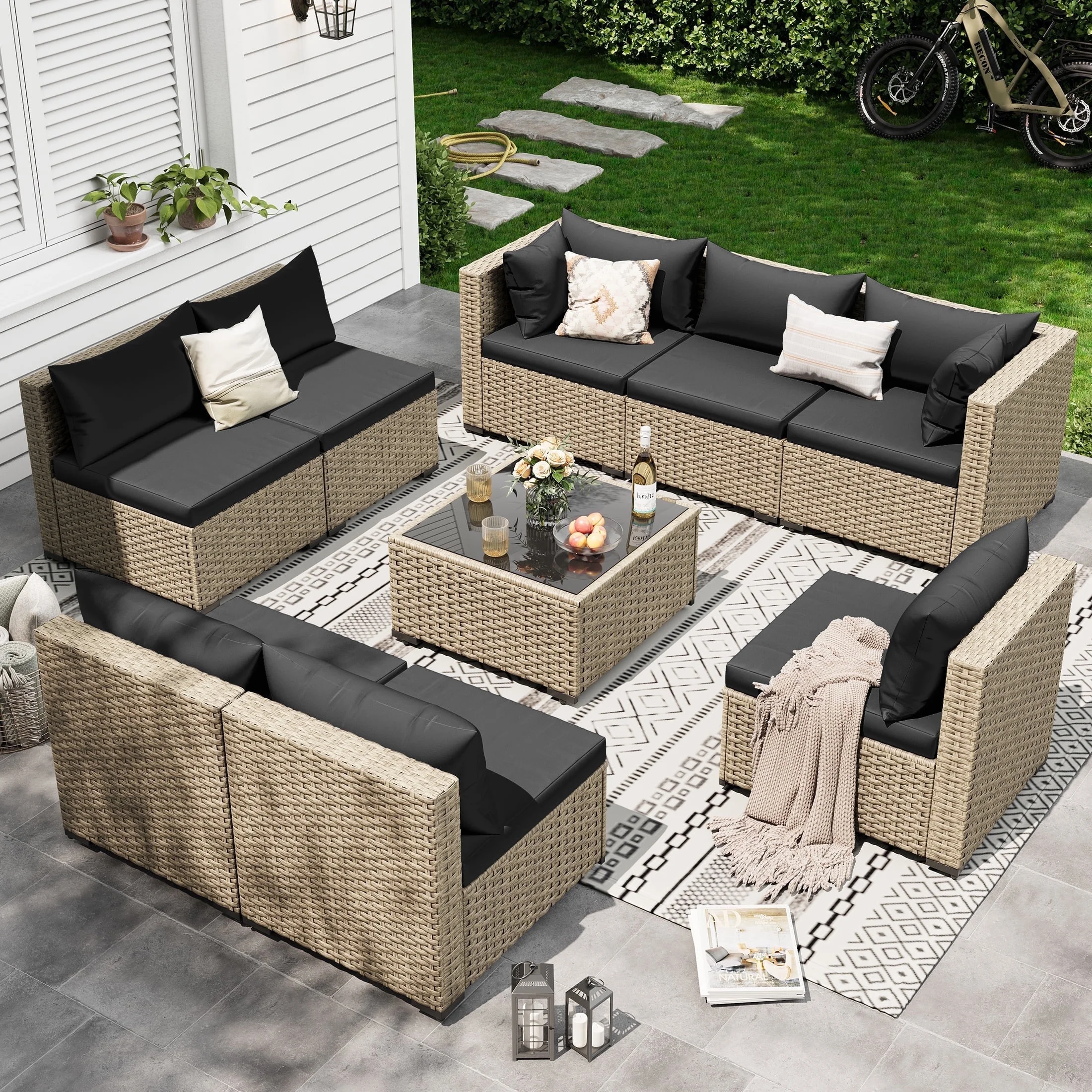 POTEBAN 7 Pieces Outdoor Patio Furniture Set, Grey Rattan Wicker Outdoor Conversation Sectional Sofa Set with Cushions for Backyard, Green