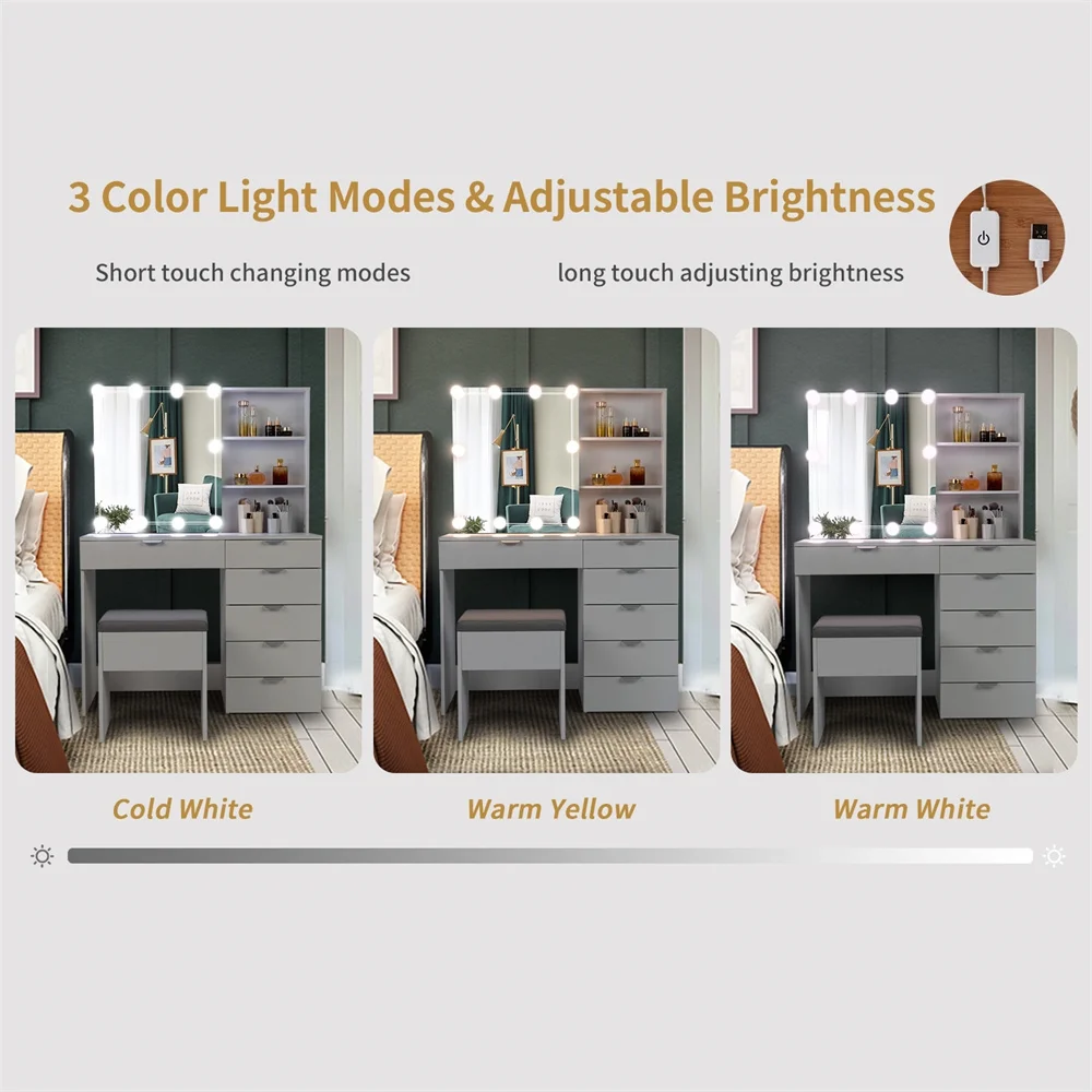 Tcbosik Makeup Vanity with LED Mirror & Charging Station, Vanity Desk with Ample Storage Space, Dressing Table with Shelves and 5 Drawers for Bedroom, White