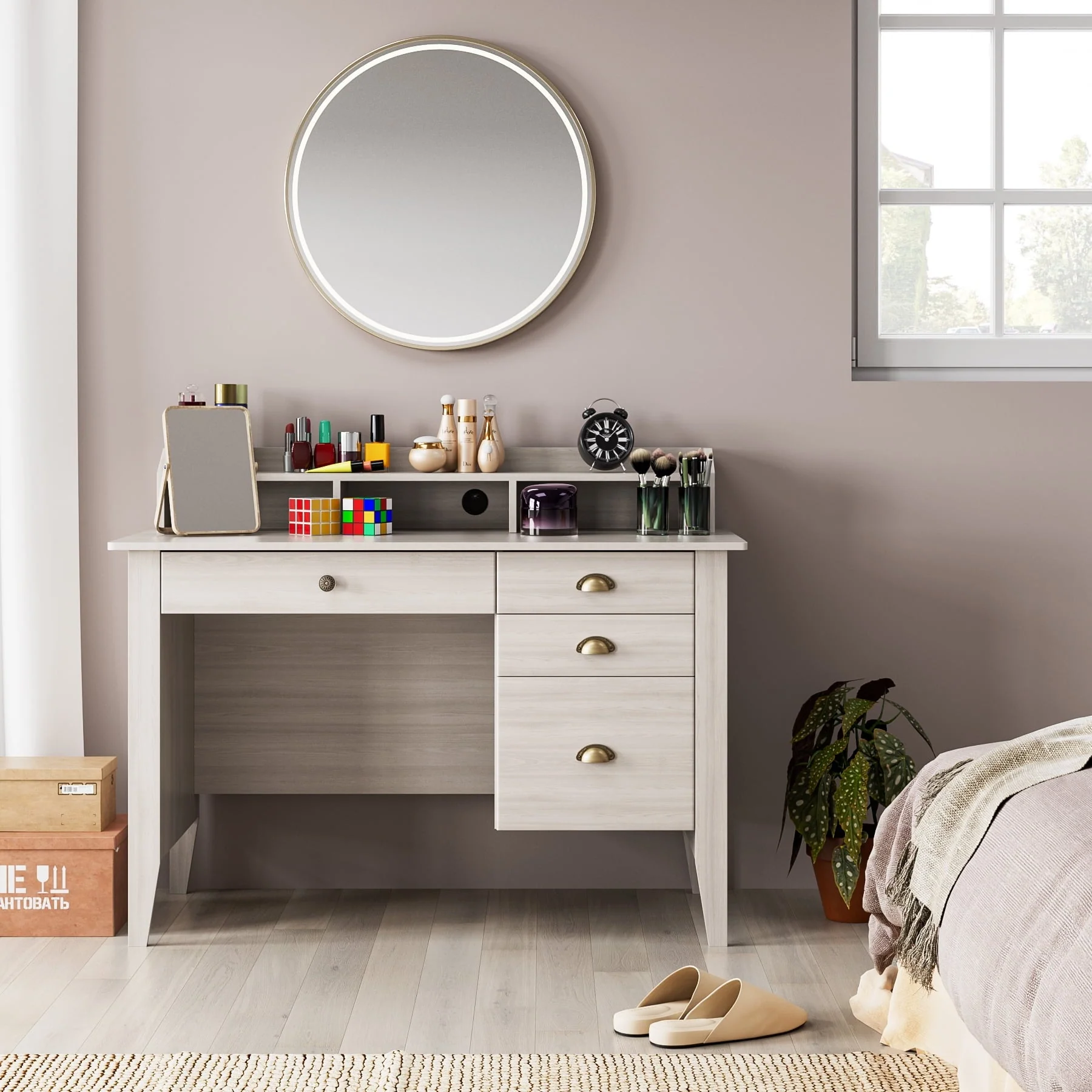 Homfa 47 in Computer Desk, Home Office Writing Table with 4 Drawers and Hutch Shelf, Sturdy Desk with Spacious Desktop, Oak White Finish