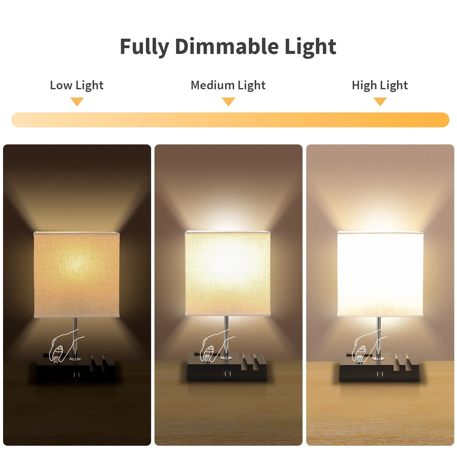 Fully Dimmable Table Lamp for Bedroom Living Room Dual USB Port, Nightstand Desk Lamps with Charging Station 2 Power Outlets, Fabric Lampshade LED Bulb Included