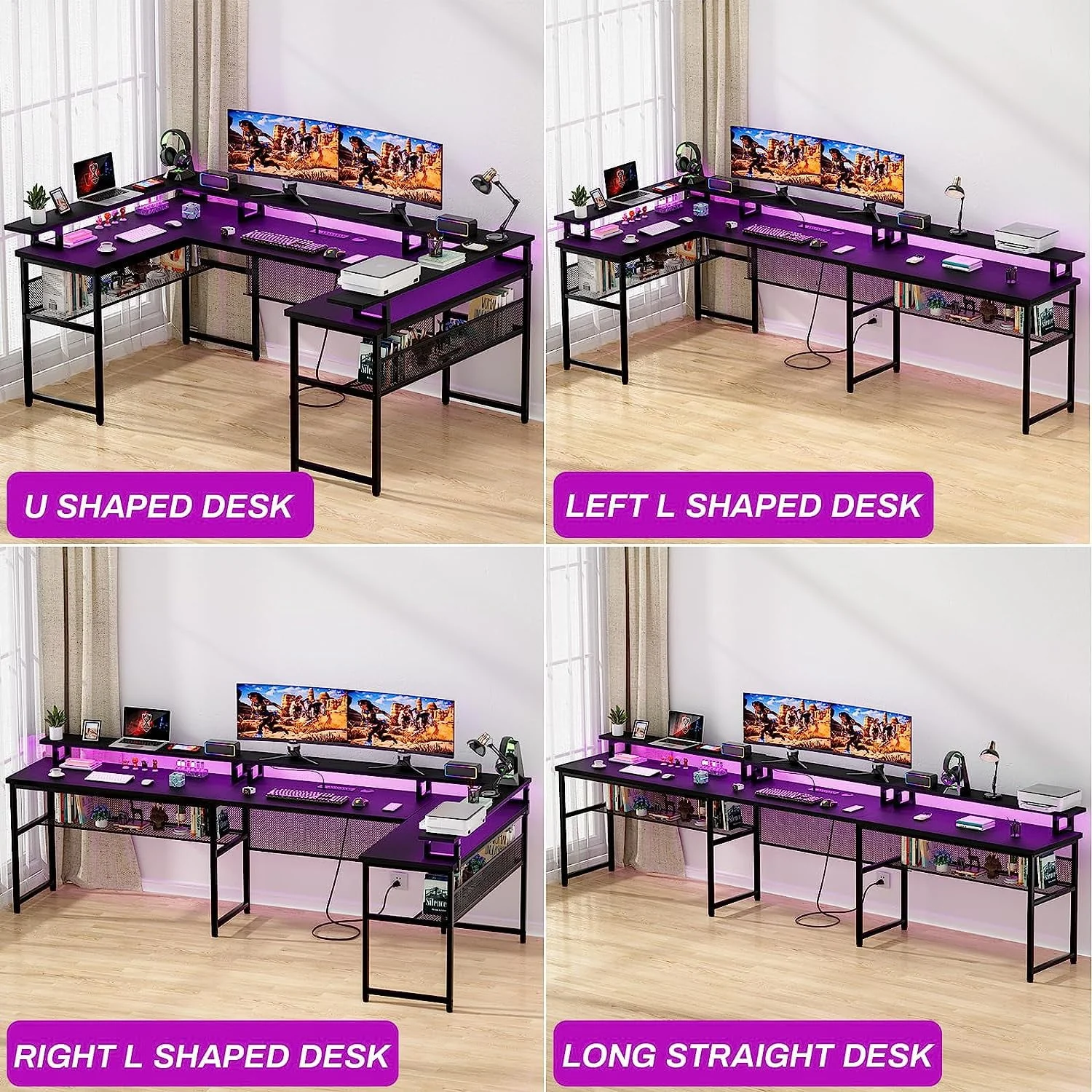 Homieasy U Shaped Desk with Power Outlet, 83 inch Reversible L-Shaped Gaming Desk with Monitor Stand and LED Strips, 2 Person Corner computer Desk with Storage Shelf for Home Office, Black