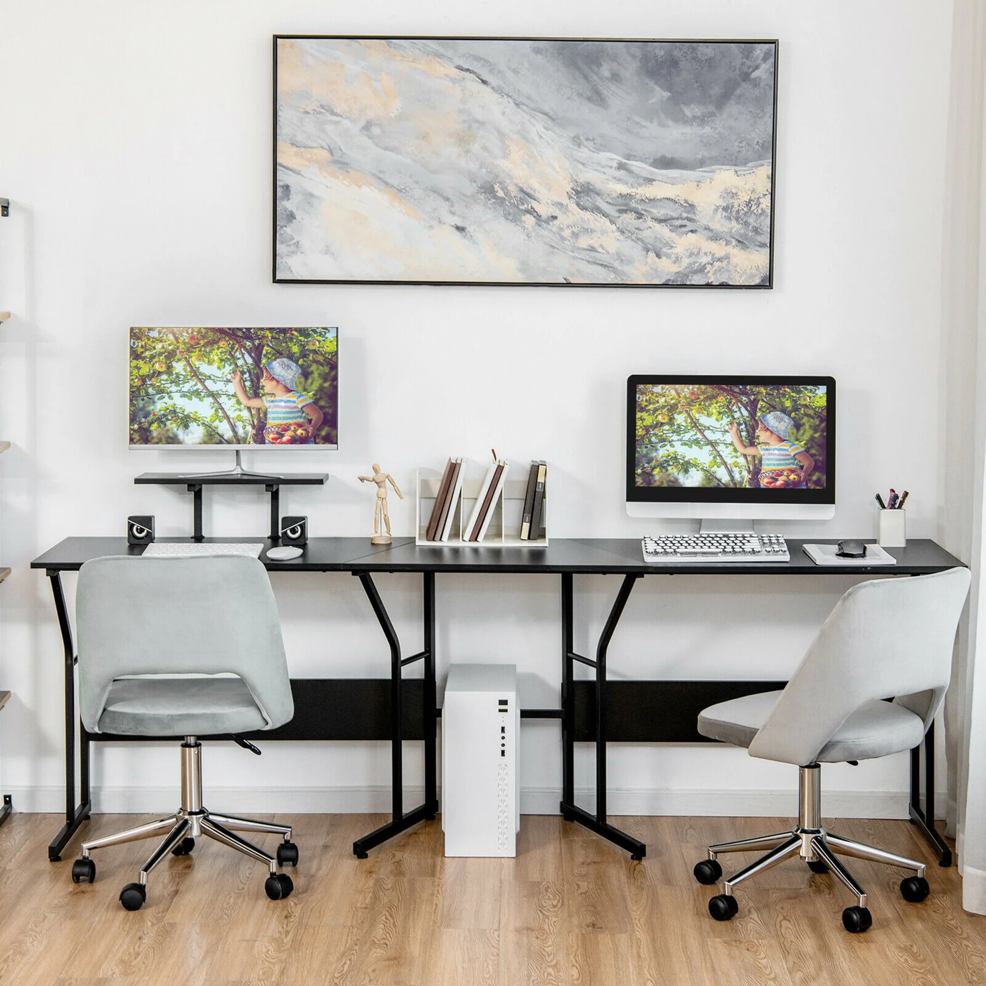 Gymax 88.5'' L Shaped Reversible Computer Desk 2 Person Long Table Monitor Stand Black