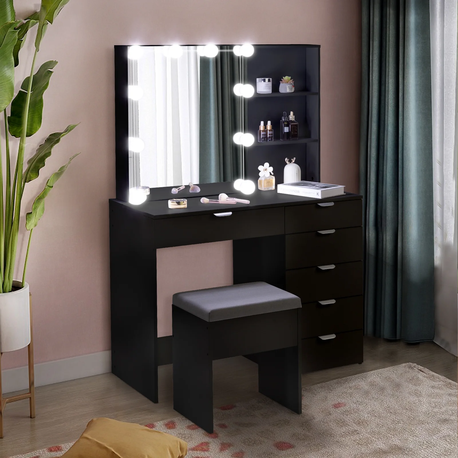 Ktaxon Vanity Set with 3 Color Lighted Mirror, Makeup Table with 6 Drawers, Dressing Table Makeup Desk with Stool,White