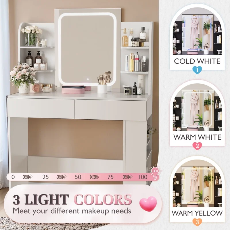 Furmax Makeup Vanity Desk with LED Lighted Mirror Vanity Table with Drawers, Shelves & Side Storage for Bedroom, White