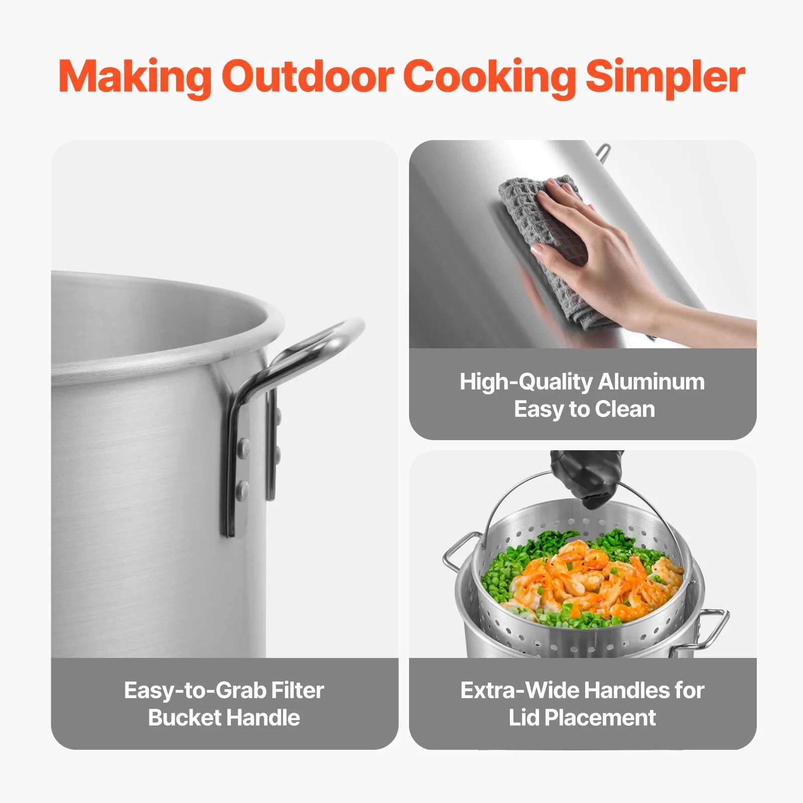 KFFKFF 80 Qt Seafood Cooking Set with Filter, Exterior Seafood Boil Container and Holder, Culinary Kit, Aluminum Soup Pot with 100,000 BTUs Propane Heater and Steam Grid