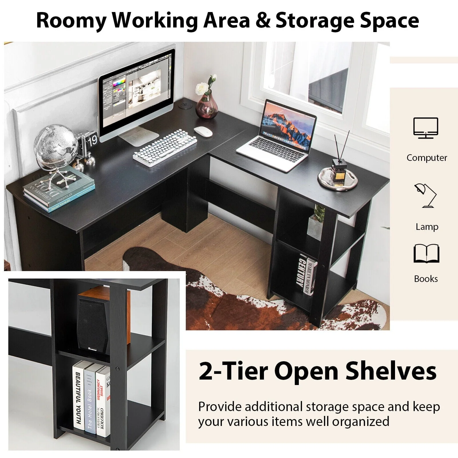 Gymax L-Shaped Office Computer Desk w/ Spacious Desktop & 2-Tier Open Shelves Black