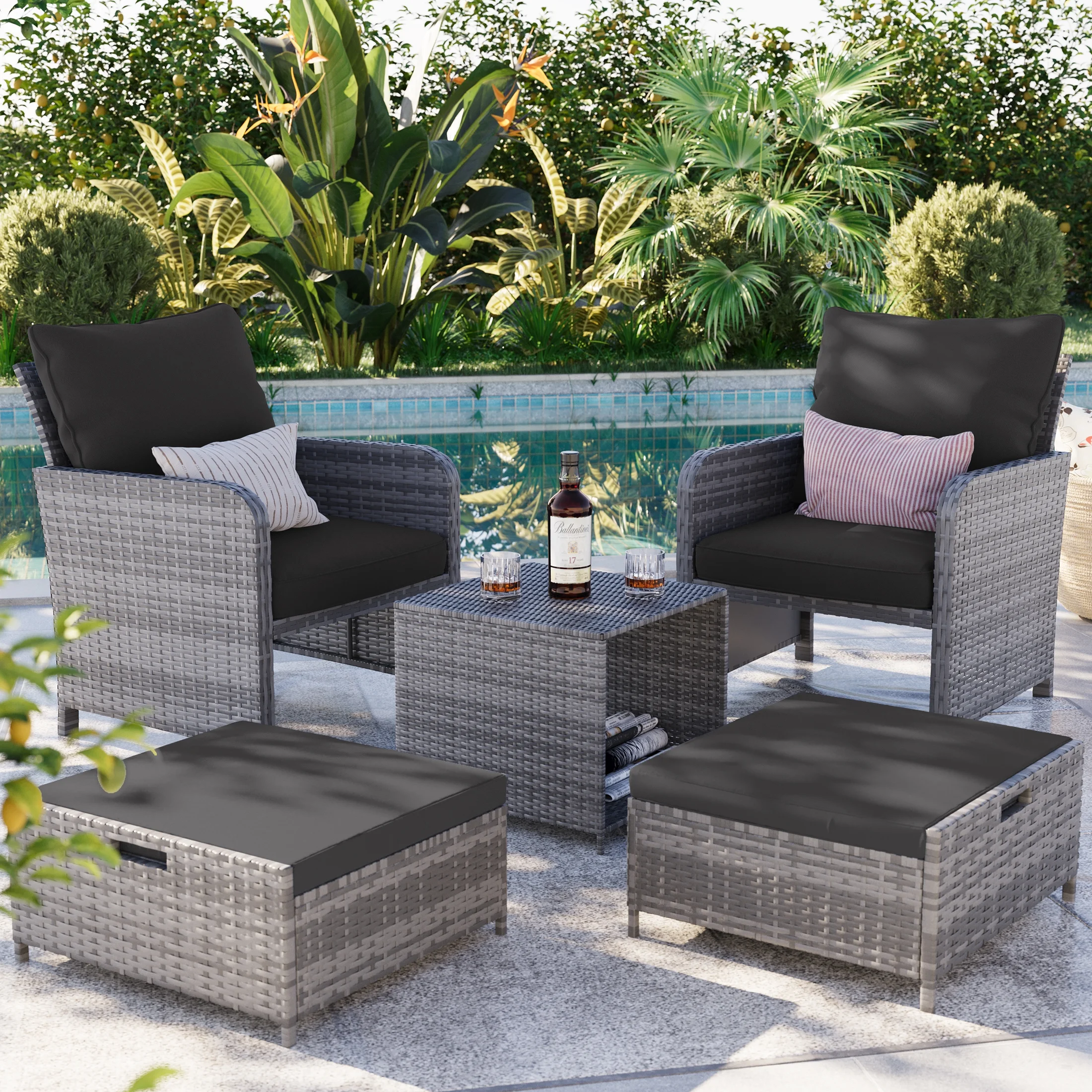Poteban Balcony Furniture 5 Piece Patio Furniture Set, Outdoor Patio Chair with Ottoman for Front Porch Deck, Wicker Lounge Chair with Side Table, Grey