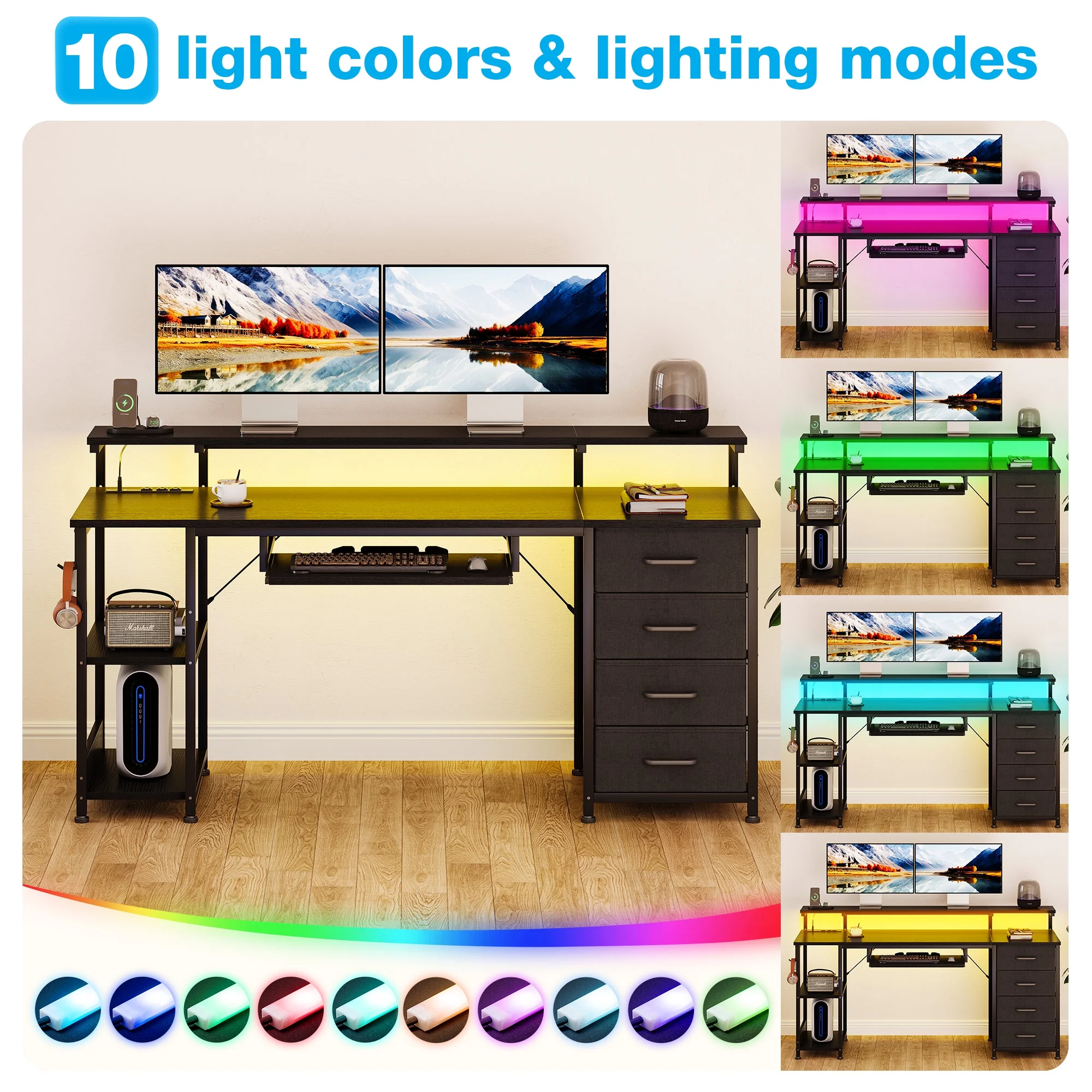 55 inch Office Desk with Power Outlet and Adjustable Monitor Stand, Computer Desk with Fabric Drawer and Keyboard Tray, Gaming Desk with LED Light & PC Stand, Vintage