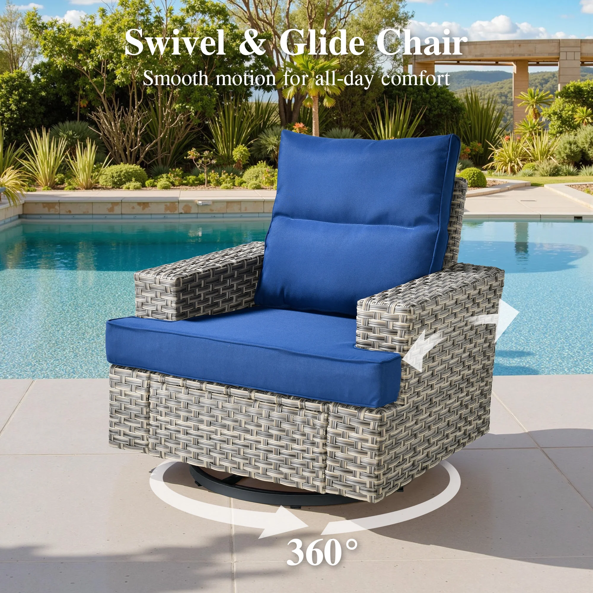 Ovios 10 Pieces Outdoor Patio Furniture Modern High-Back All-Weather Wicker Sectional Conversation Set with Propane Fire Pit Table & Swivel Chair, Dark Gray