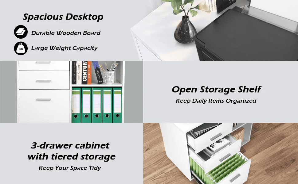 Richya Wood File Cabinet , Printer Stand with Open Storage Shelf, 3-Drawer File Cabinet, Home Office White