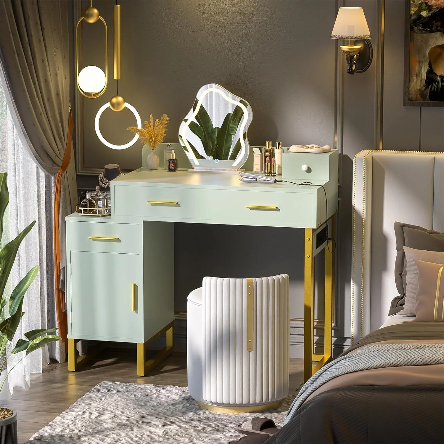 Vanity Desk With 4 Drawers and Cabinet, Makeup Vanity Table With Charge Station Socket, Small Space Makeup Bedside Cupboard, Gift for Her Choice, Suit for Apartment/Dorm/Bedroom, Cute Pink
