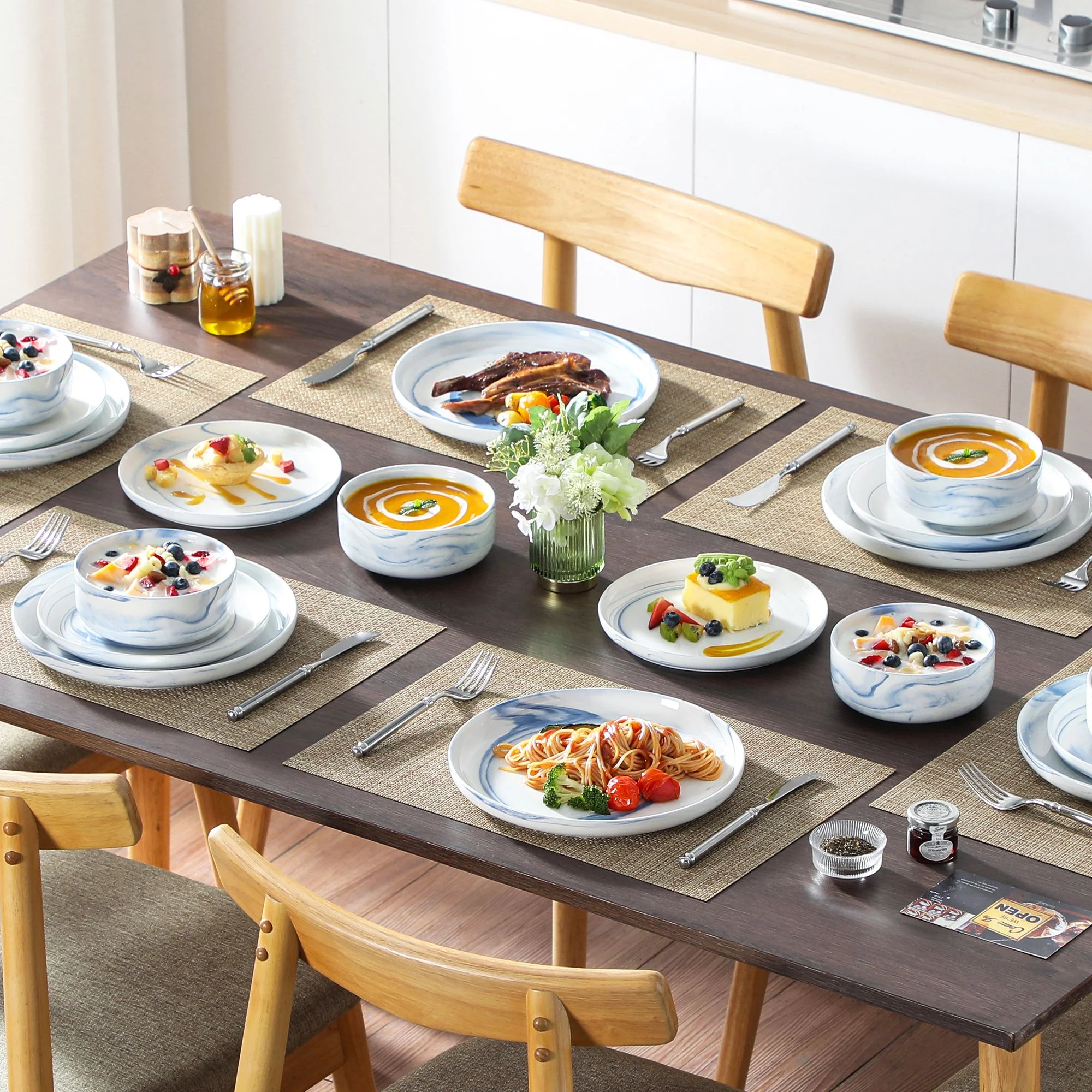 vancasso 36 Pieces Dinnerware Sets, Plates and Bowls Set for 8, Porcelain Dinner Set, White with Black Rim