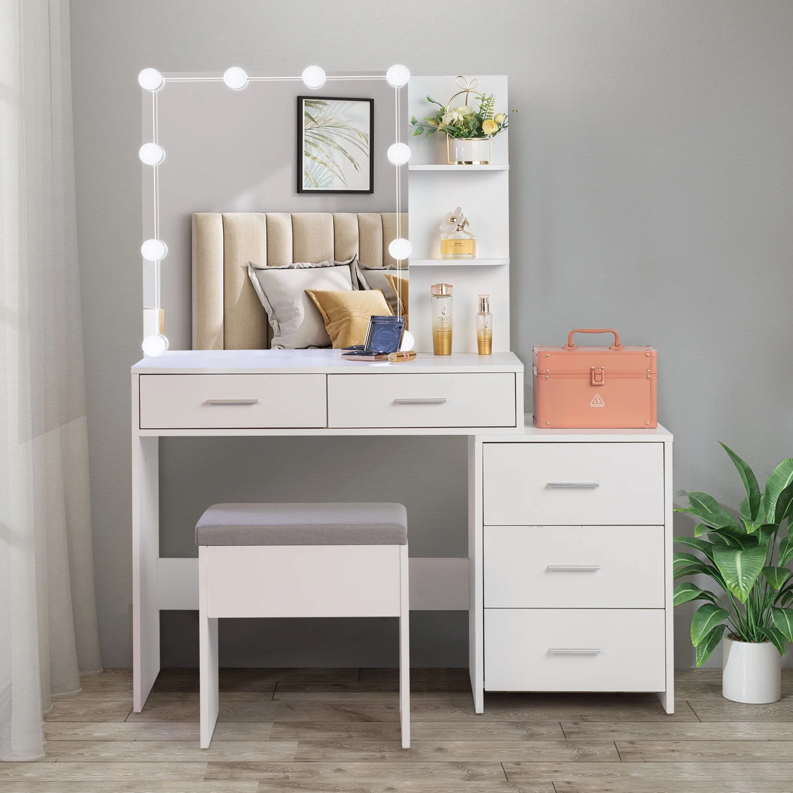Makeup Vanity with Mirror Cabinet, Lighted Makeup Vanity Desk Set with 2 Shelves, 5 Drawers, 3-Color Light Adjustment, Dressing Table Set for Girl, Women, Princess