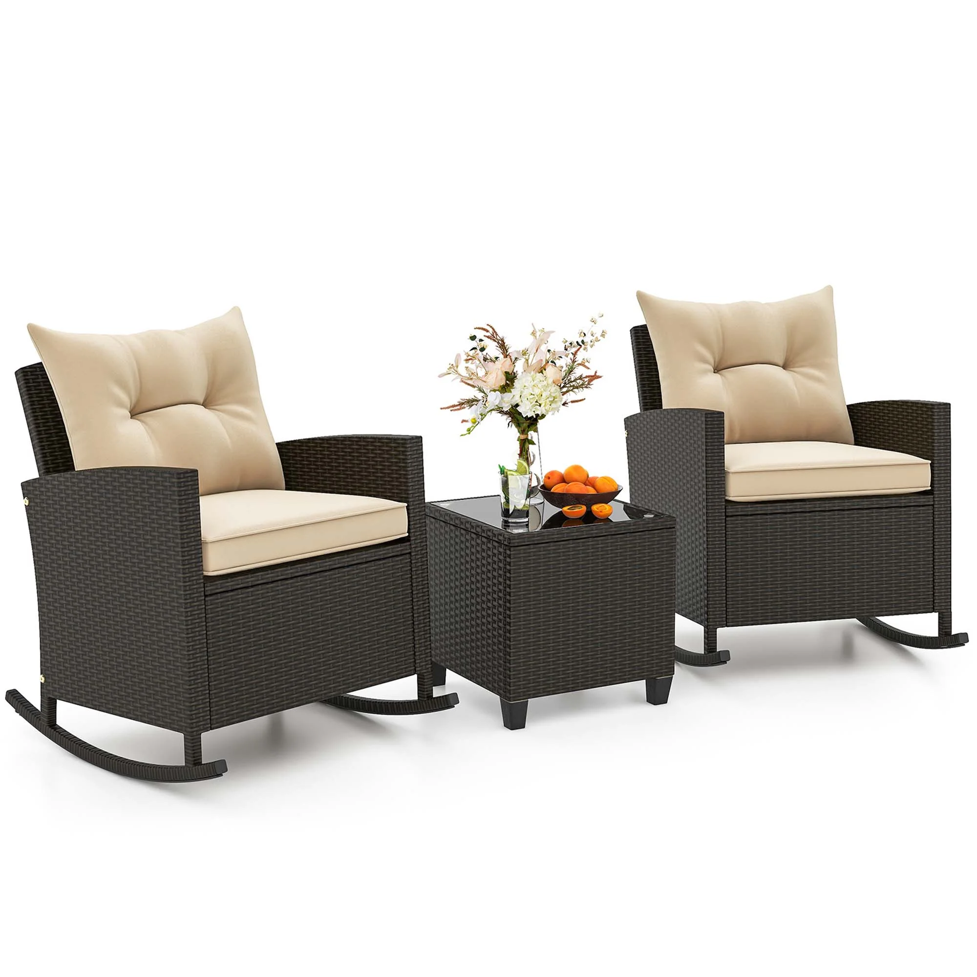 Costway 3 PCS Patio Wicker Rocking Set with Tempered Glass Table & Soft Cushions Outdoor Beige