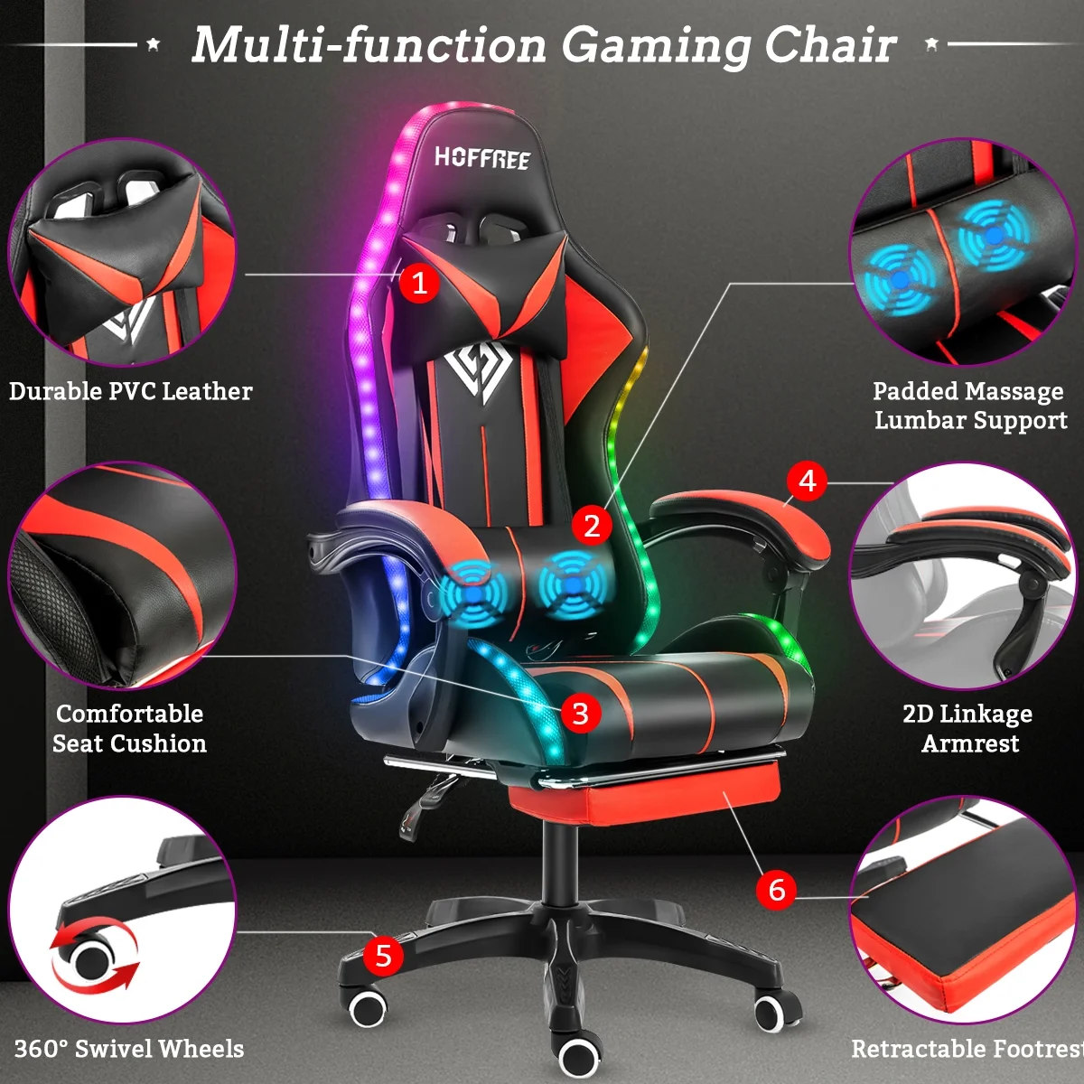 Hoffree Gaming Chair with Massage PU Leather Office Chair with Footrest and LED Light Ergonomic Gamer Chair Lumbar Support Adjustable Headrest High Back Computer Desk Chair for Home Office