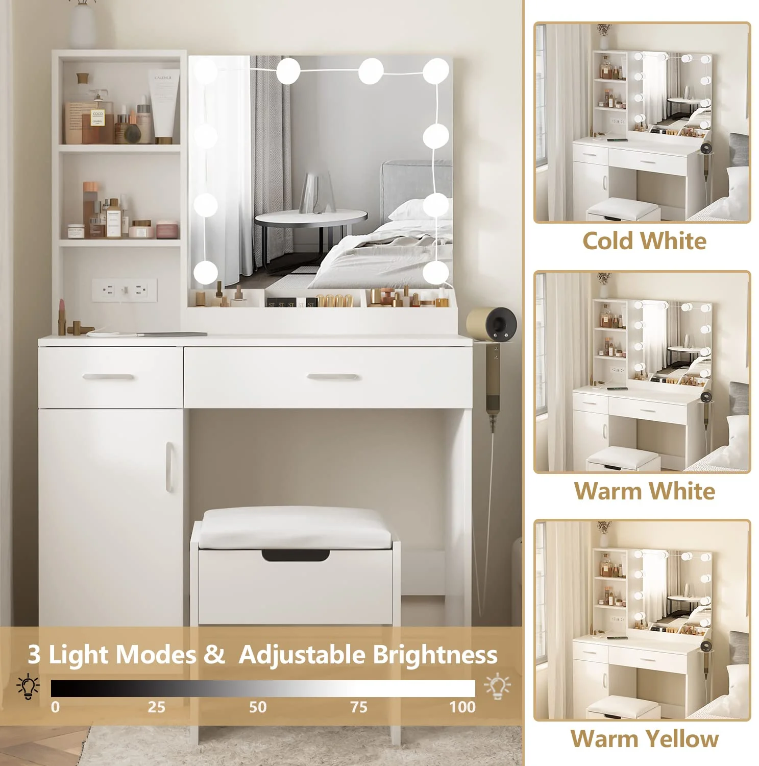 Veanerwood Makeup Vanity Desk with Lighted Mirror & Power Strip, Girls Dressing Table with Storage Shelves, White