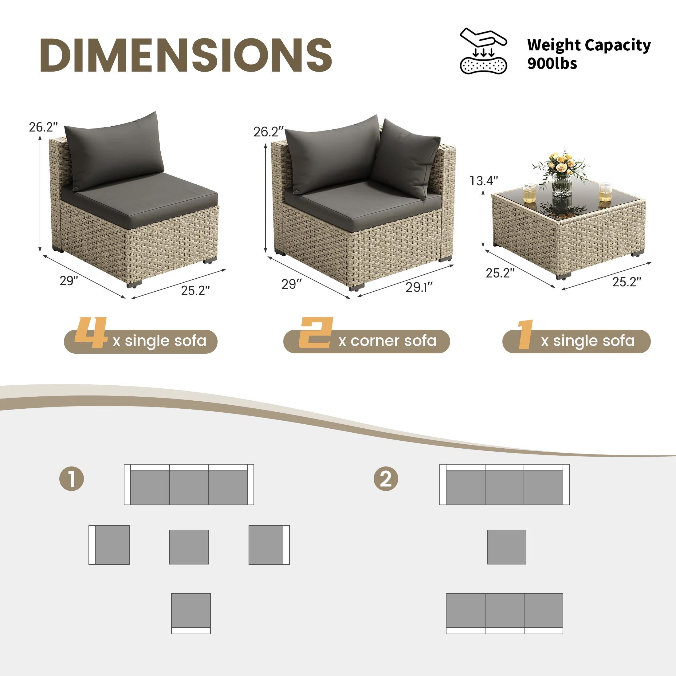 POTEBAN 7 Pieces Outdoor Patio Furniture Set, Grey Rattan Wicker Outdoor Conversation Sectional Sofa Set with Cushions for Backyard, Green