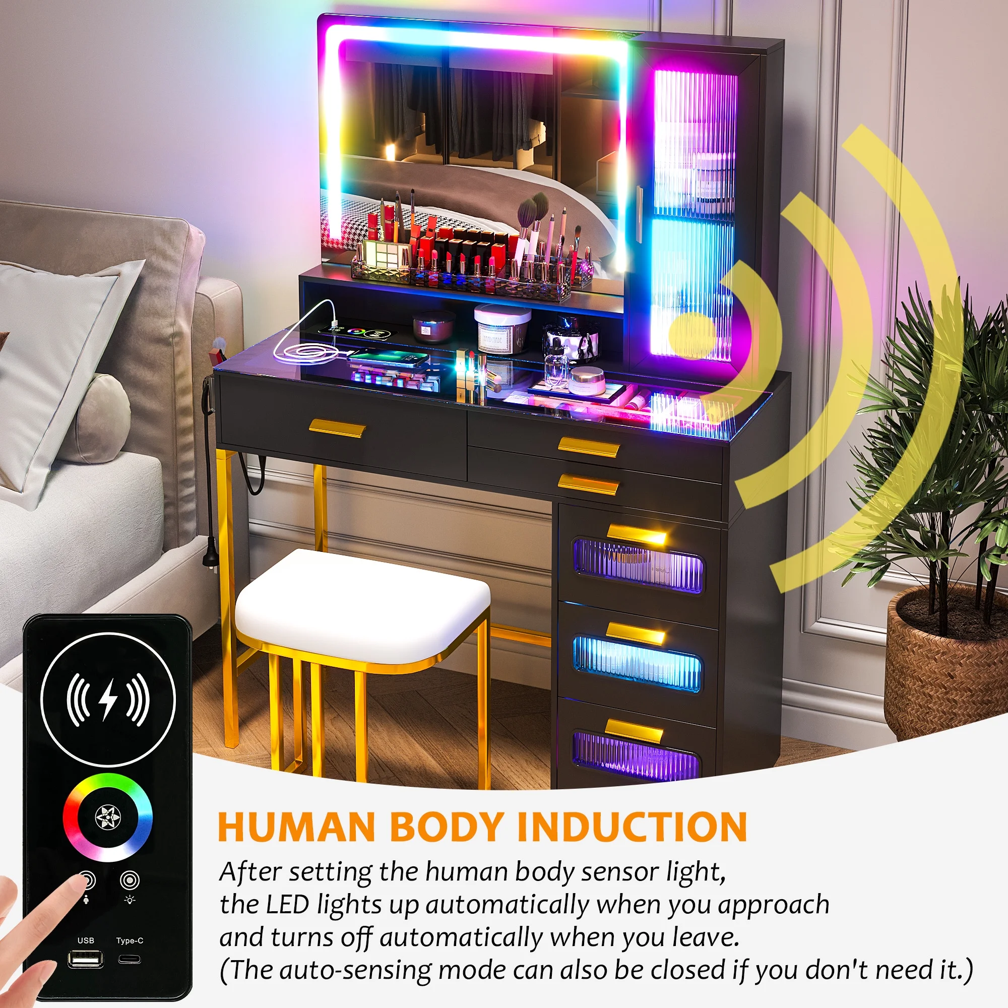 HNEBC Vanity Desk with Mirror and RGB Lights, Glass Top Makeup Vanity with Auto Sensor Lights and Wireless Charging, Vanity Table Set with Cushion Stool, Dressing Table with 6 Drawers (White)