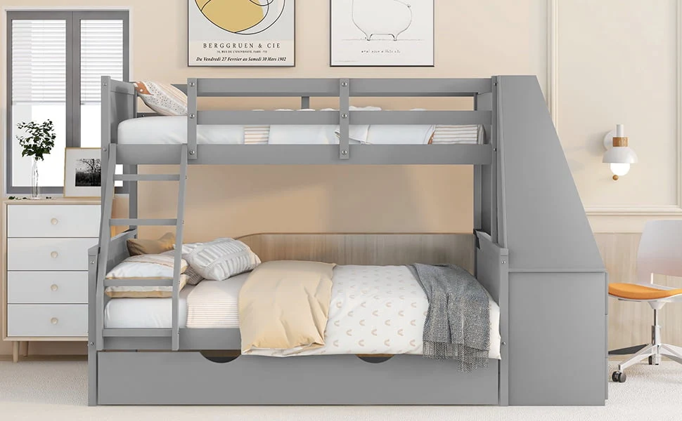 EUROCO Twin over Full Bunk Bed with Trundle, Built-in Desk with Bookcase and 3 Drawers for Kids, Gray