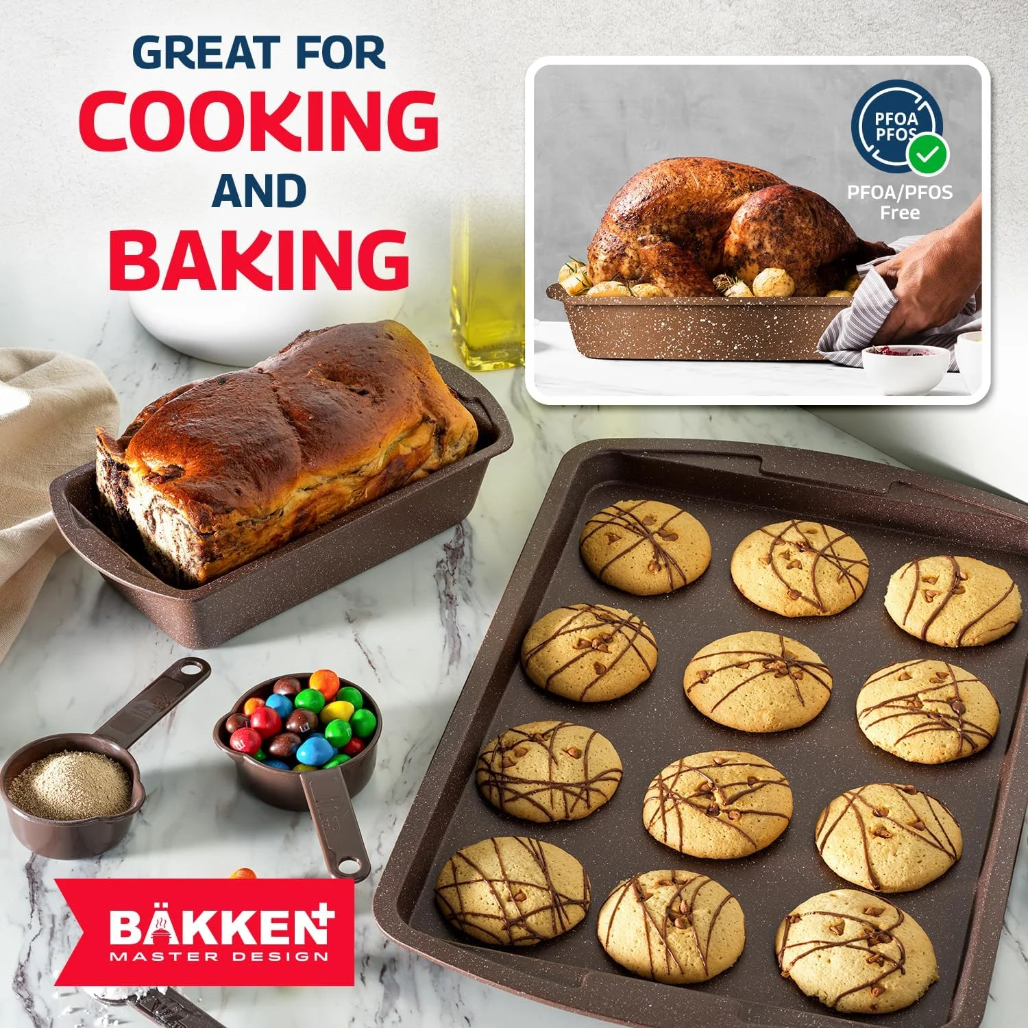 Bakken Master 38 Piece Granite Cookware and Bakeware Set �C Nonstick Granite Coating, Pots and Pans with Detachable Handles and Tempered Glass Lids, 6-piece Bakeware set, 12-piece Mixing Bowls,Brown