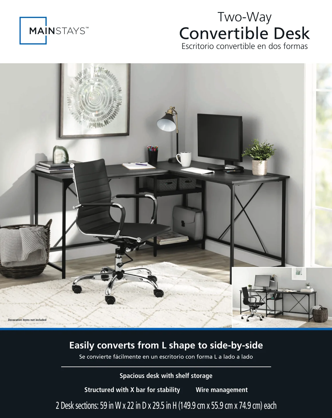 Mainstays Two-Way Convertible Desk with Lower Storage Shelf, Charcoal, for Adults and Teens