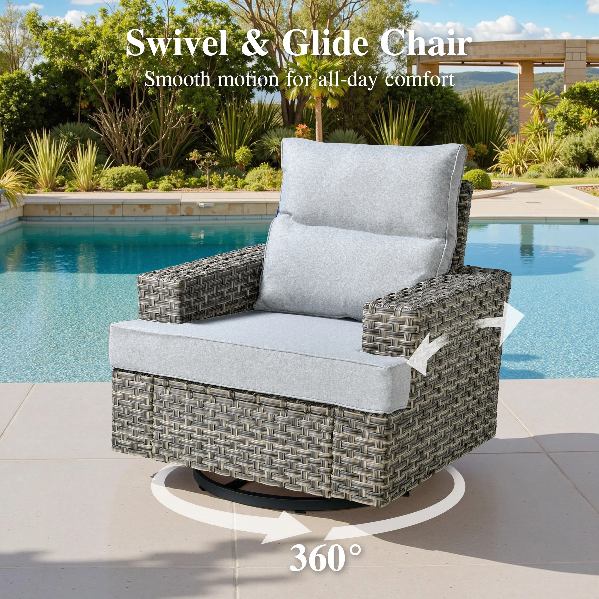 Ovios 10 Pieces Outdoor Patio Furniture Modern High-Back All-Weather Wicker Sectional Conversation Set with Propane Fire Pit Table & Swivel Chair, Dark Gray