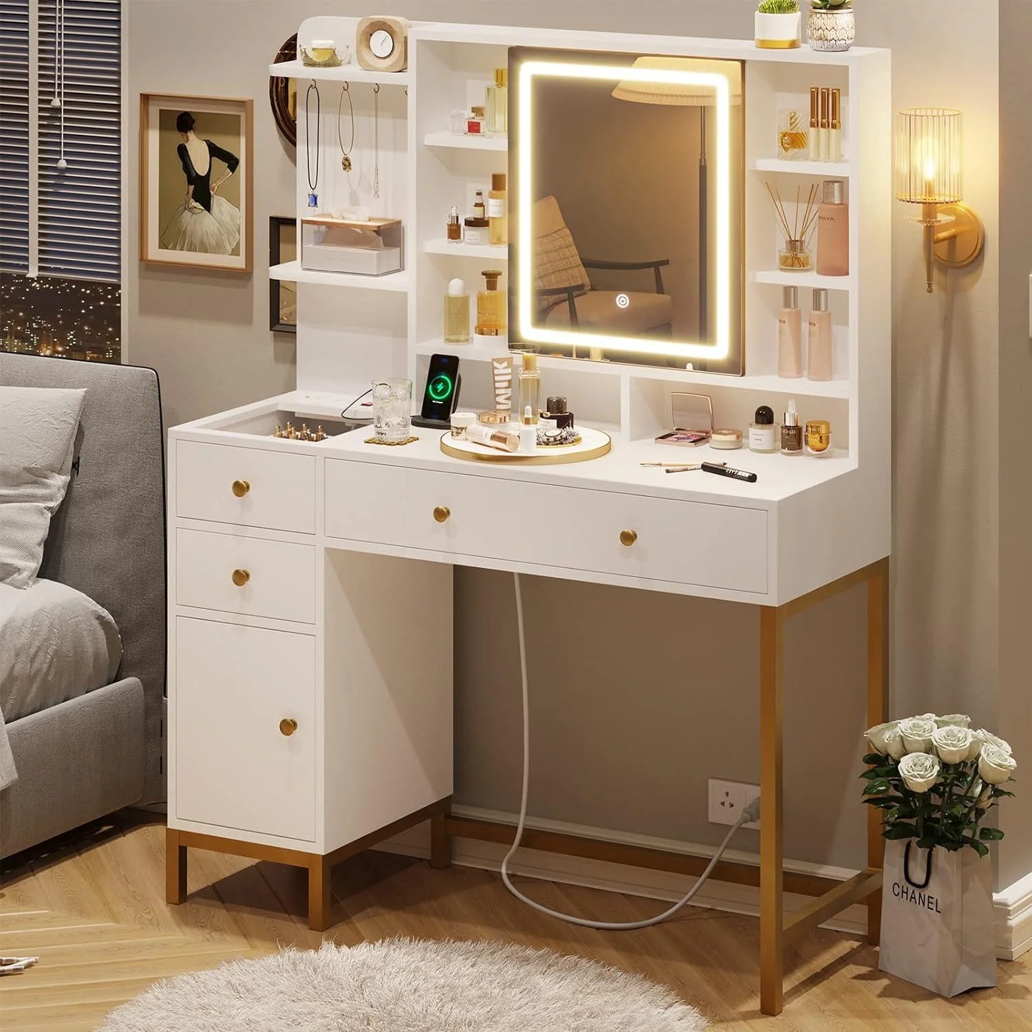 AOGLLATI Makeup Vanity with Lights in 3 Colors, White Vanity Desk with Mirror and Lights, Vanity Table with Charging Station, Makeup Desk with Visible Drawers, Hidden and Open Storage Shelves