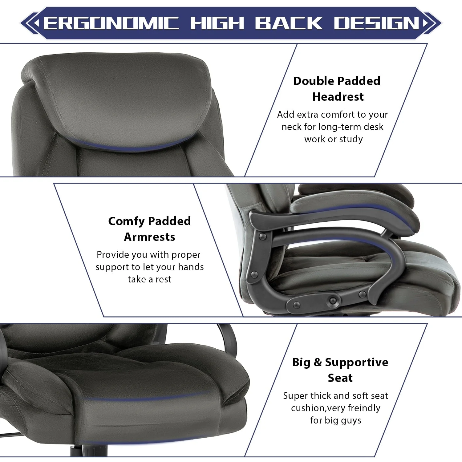 JONPONY Home Office Chair, Big and Tall Chair 8 Hours Heavy Duty Design, Ergonomic High Back Cushion Lumbar Back Support, Computer Desk Chair, Adjustable Executive Leather Chair with Arms,Grey