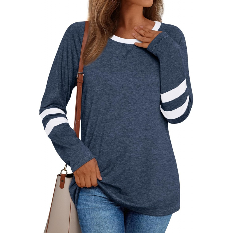Women's Color Block Long Sleeve Shirts Crewneck