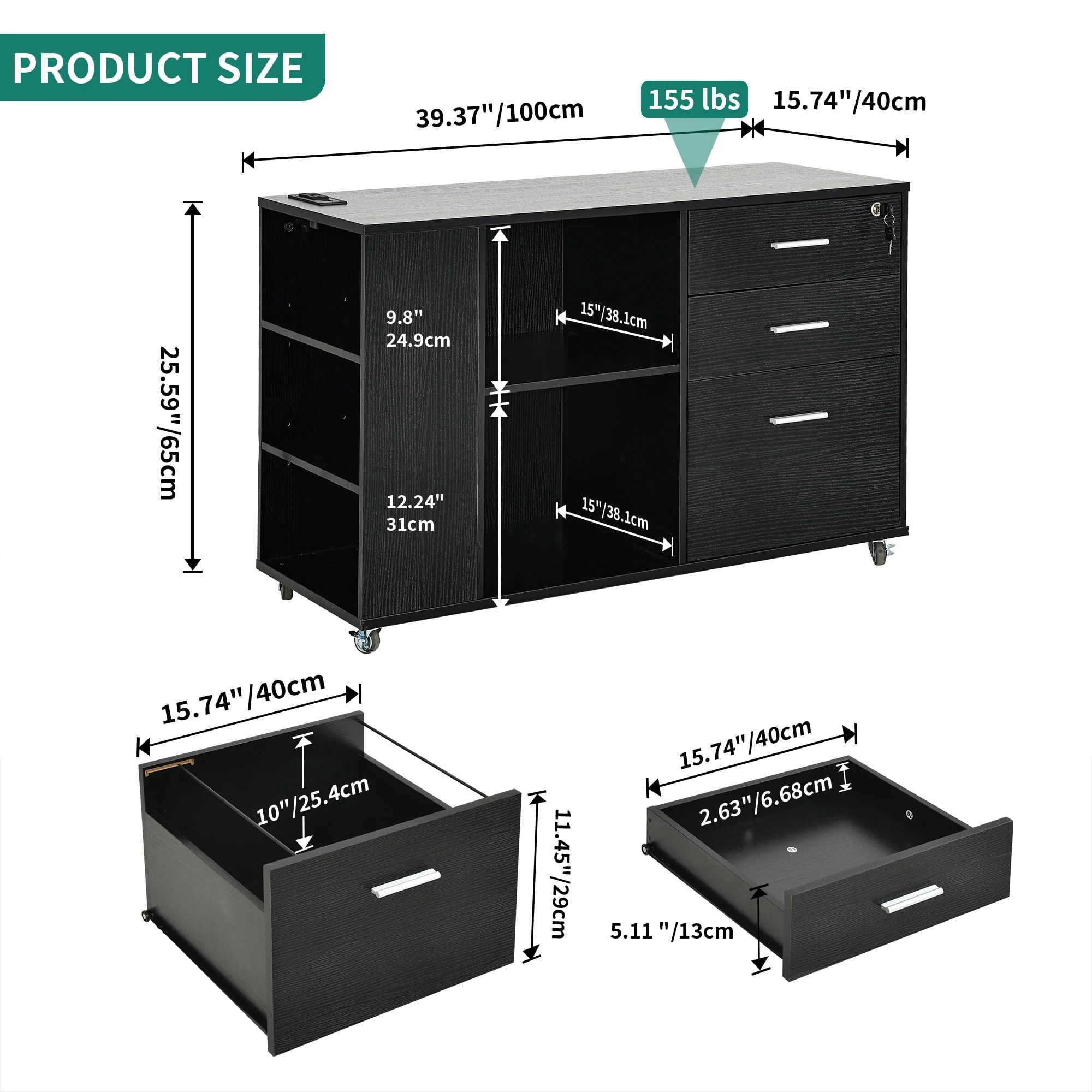 Dextrus File Cabinet with Charging Station, Mobile Lateral Filing Cabinet with Lock for Home Office, Printer Stand with Open Storage Shelf, Fits A4, Letter, Legal Size Files, Office Furniture, Black