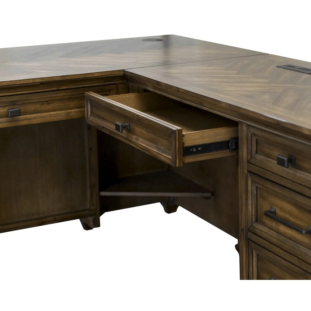 Martin Furniture Wood L-Desk Office Corner Desk Writing Table & Return in Brown