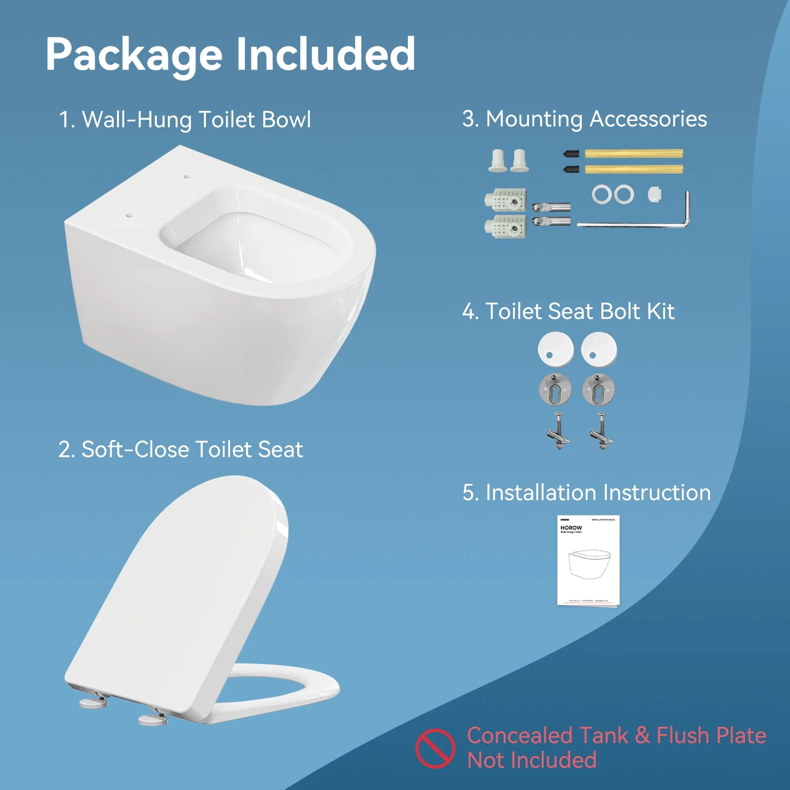 HOROW Wall Hung Toilet,with Soft Closing Seat,Round Floating Bowl, Rear Outlet Space Saving,White
